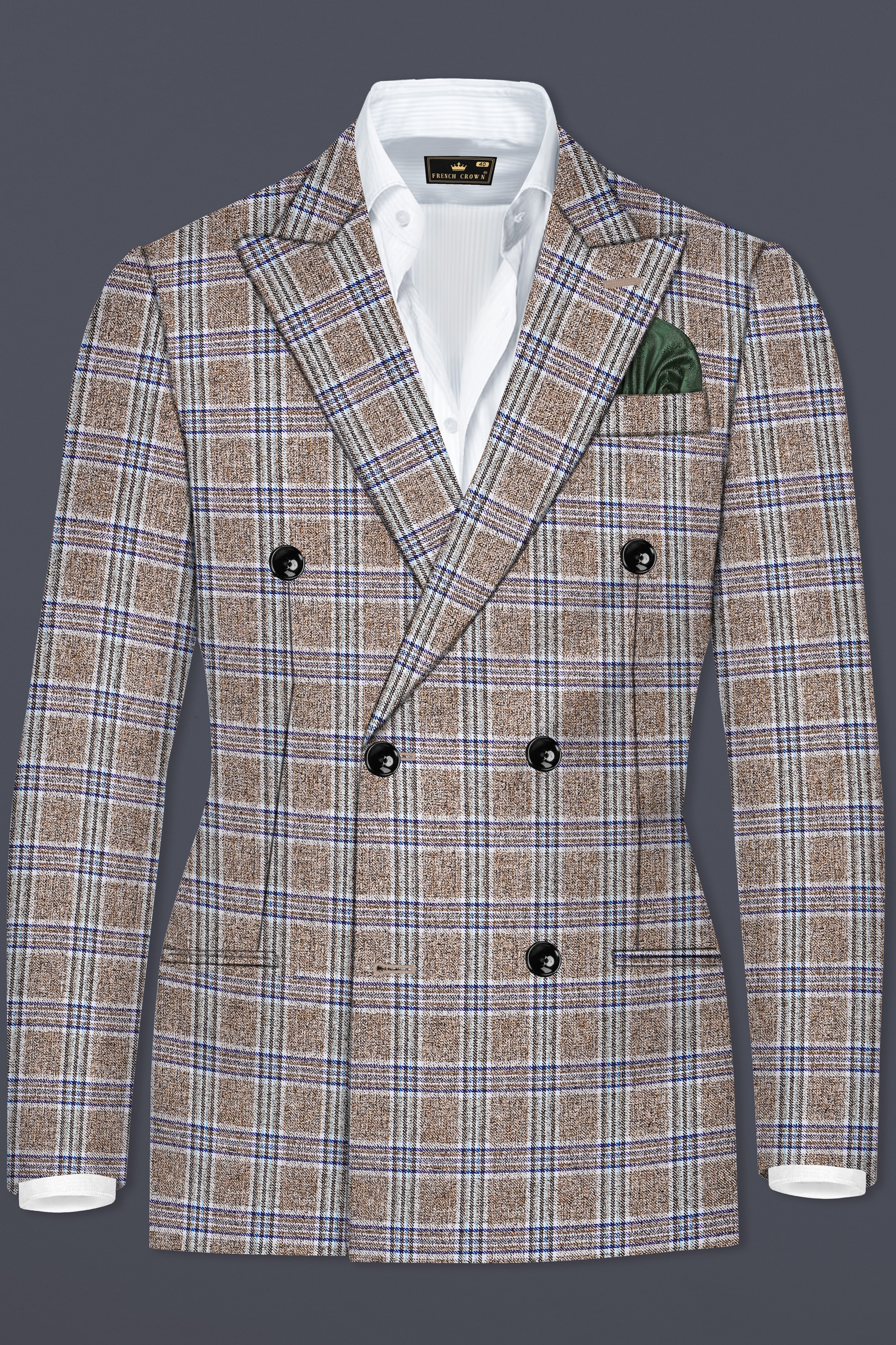 Shadow Brown with Rhino Blue Plaid Wool Blend Double Breasted Suit