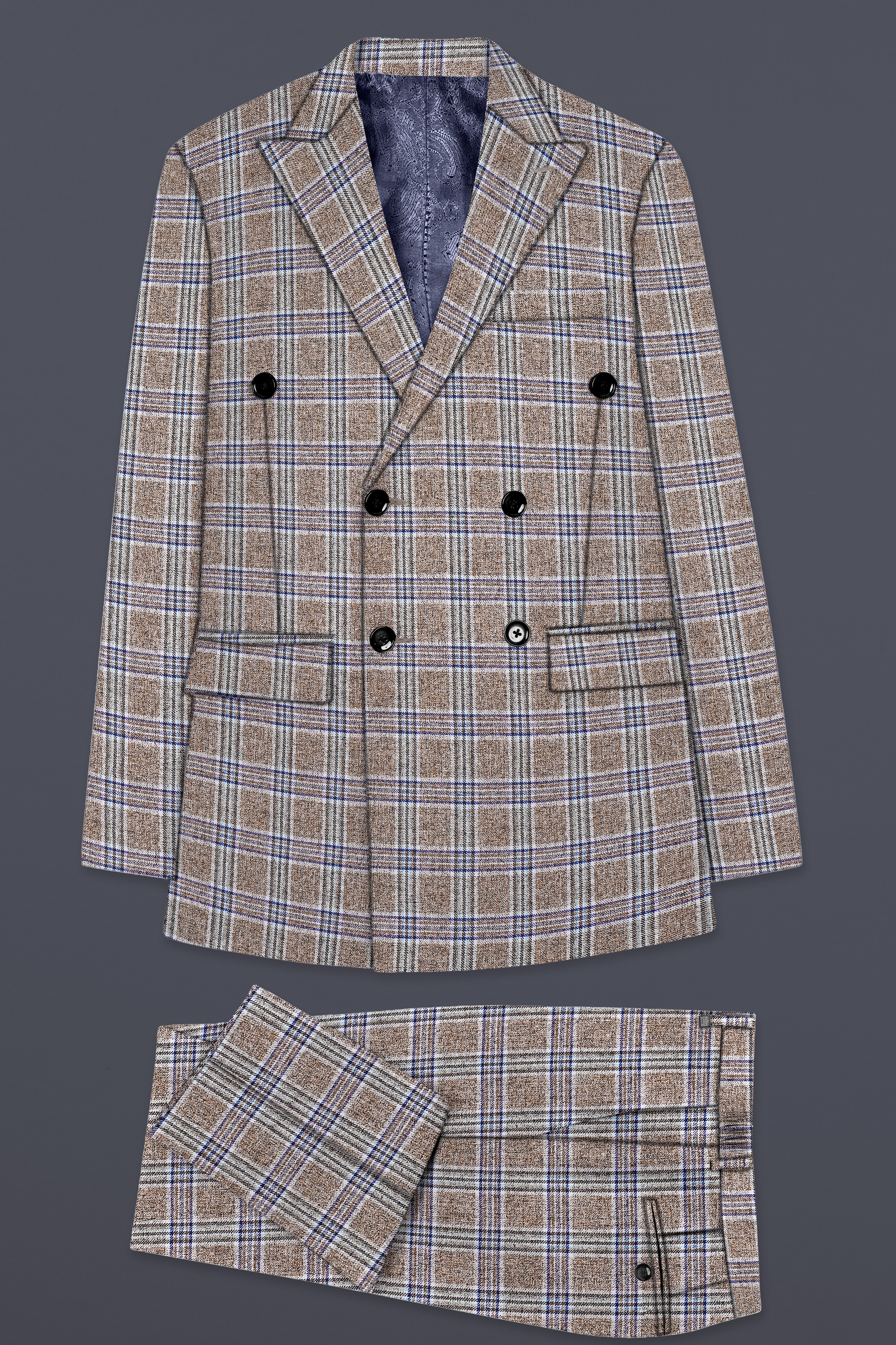 Shadow Brown with Rhino Blue Plaid Wool Blend Double Breasted Suit