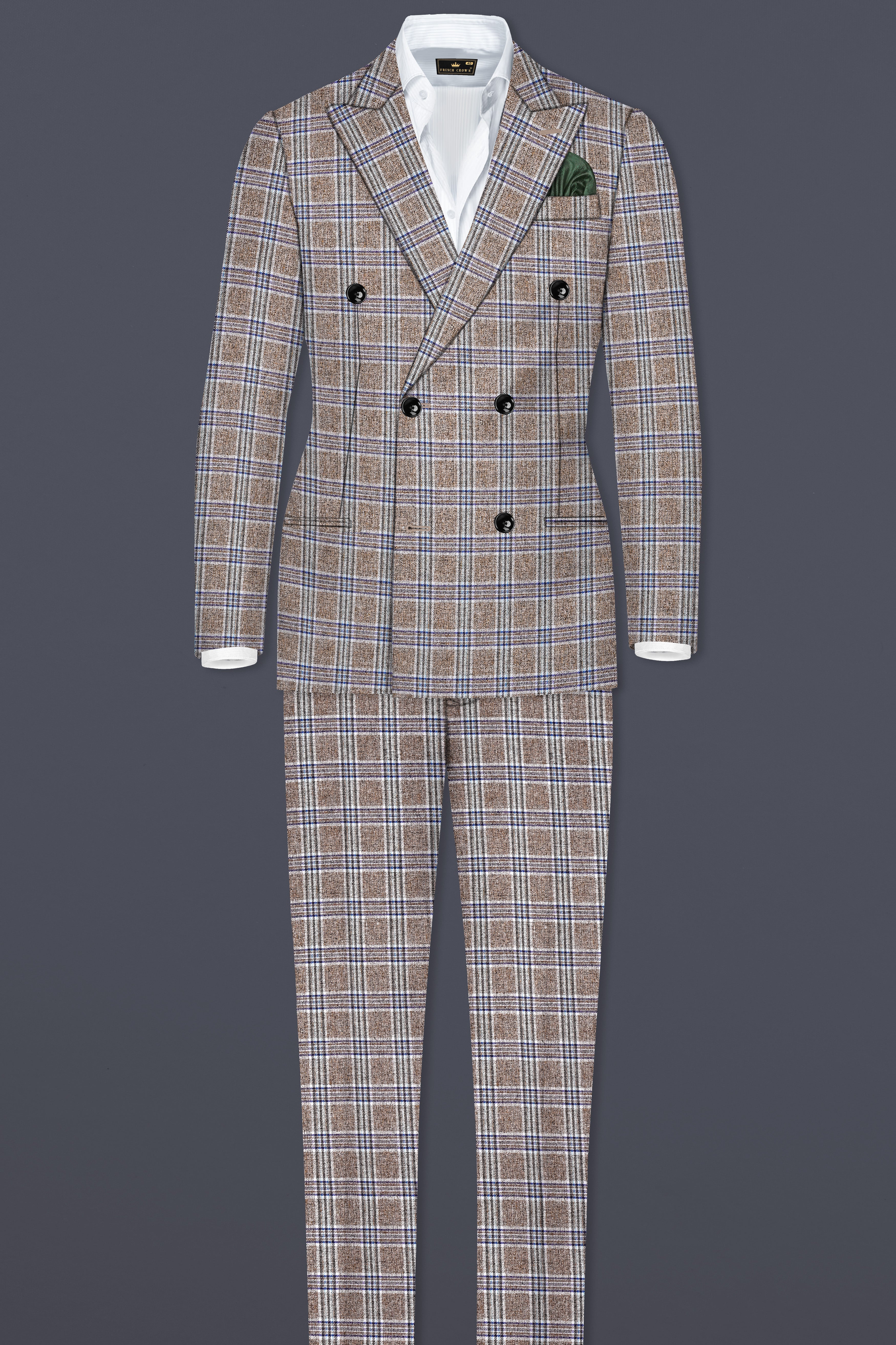 Shadow Brown with Rhino Blue Plaid Wool Blend Double Breasted Suit