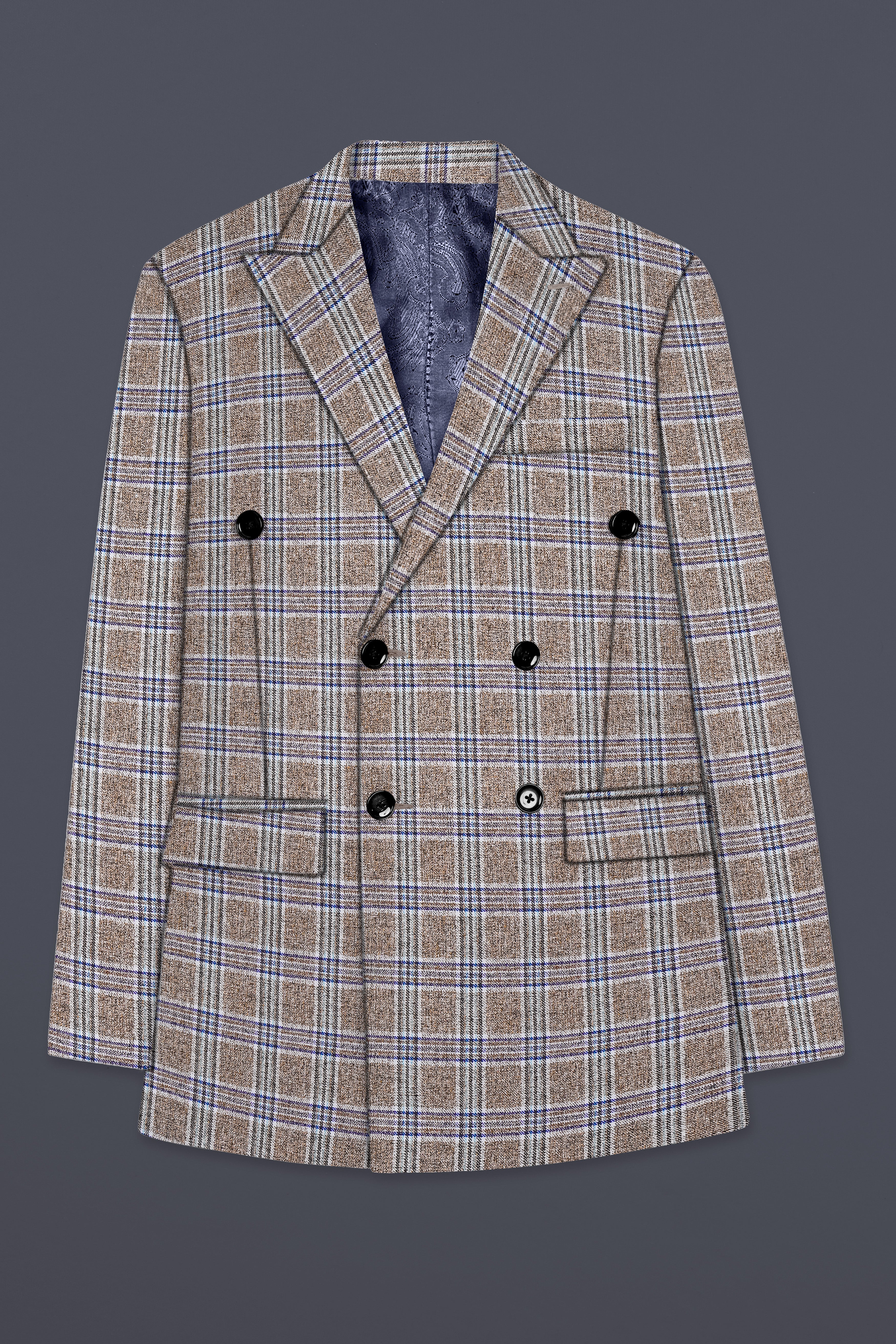 Shadow Brown with Rhino Blue Plaid Wool Blend Double Breasted Suit