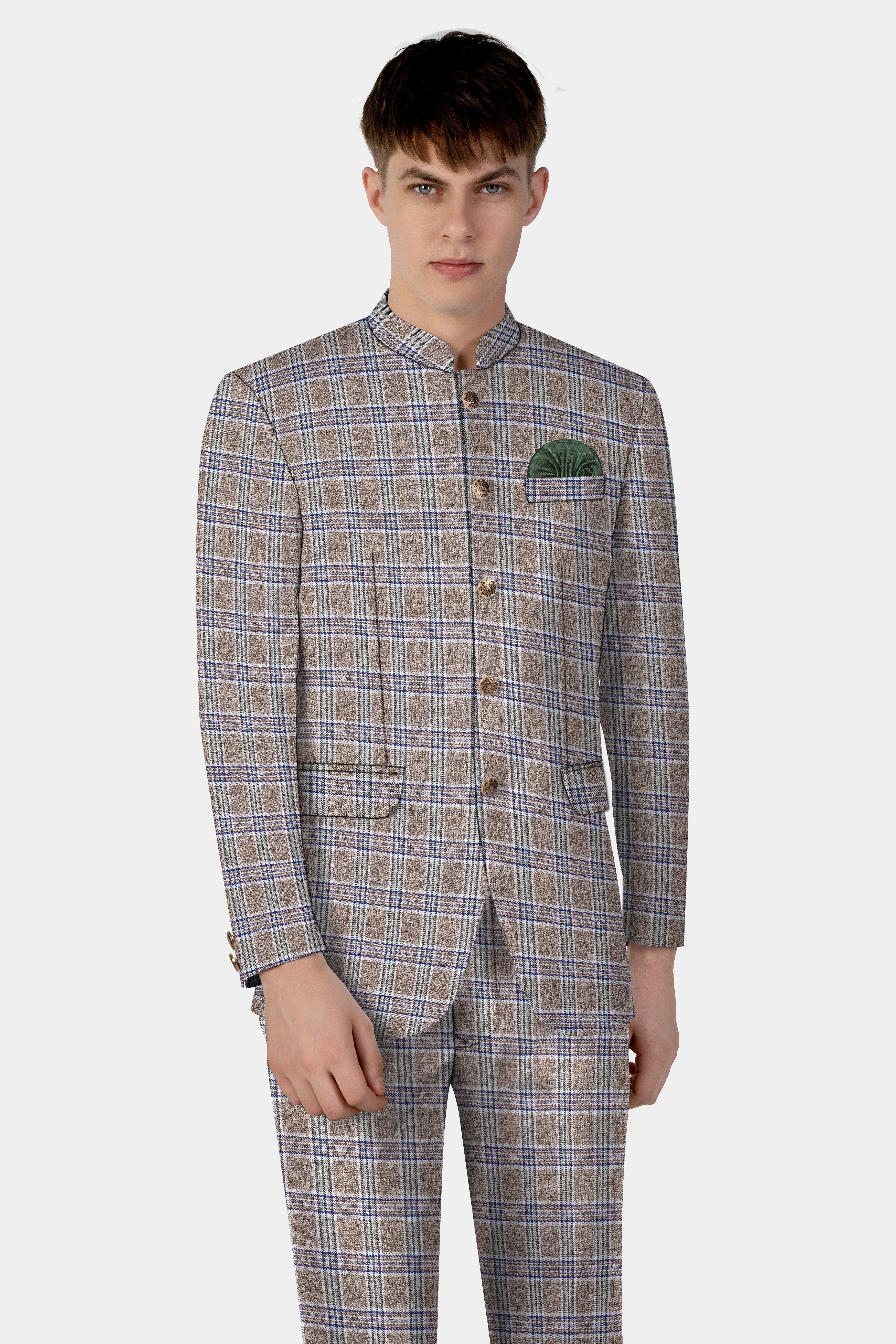 Shadow Brown with Rhino Blue Plaid Wool Blend Bandhgala Suit