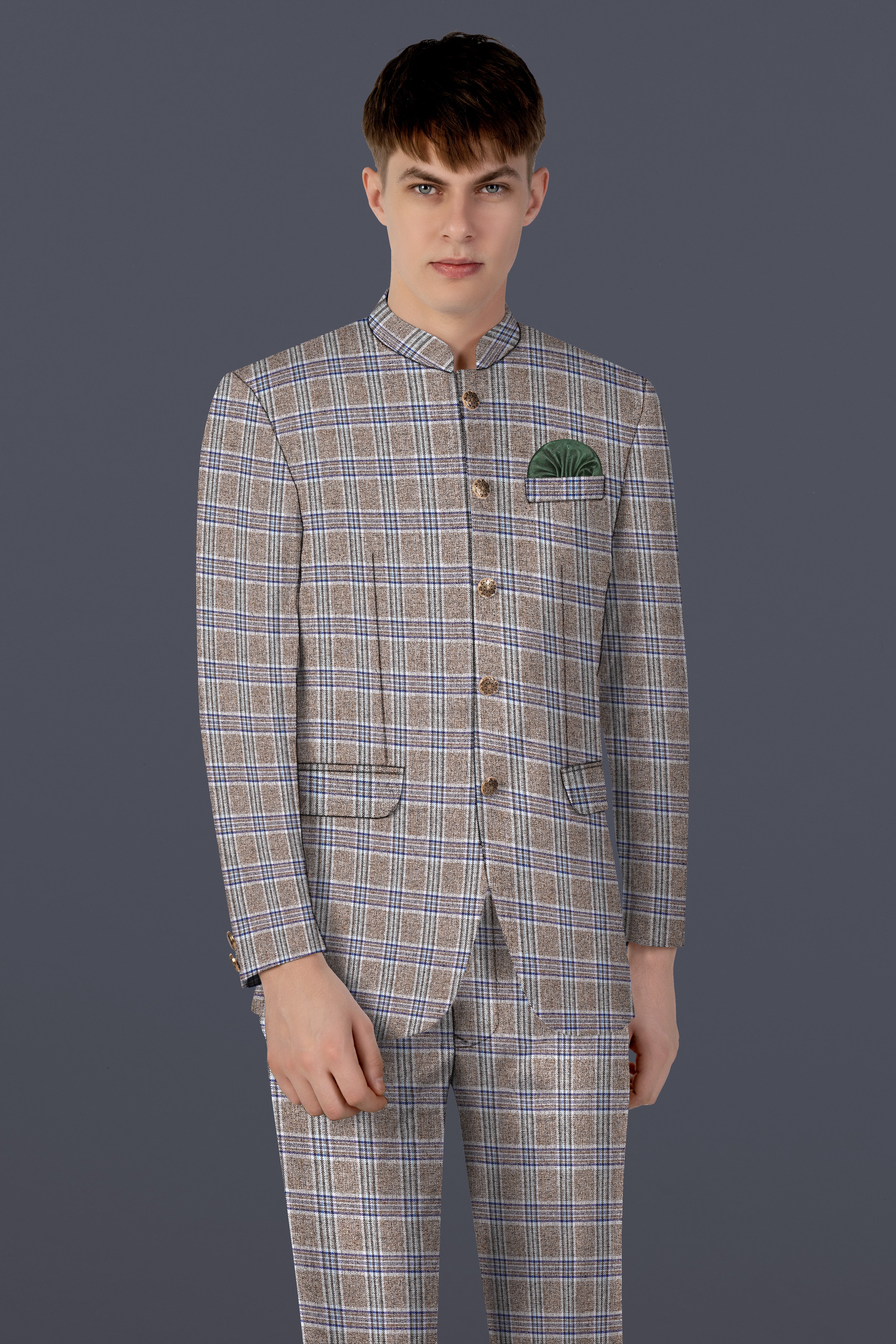 Shadow Brown with Rhino Blue Plaid Wool Blend Bandhgala Suit