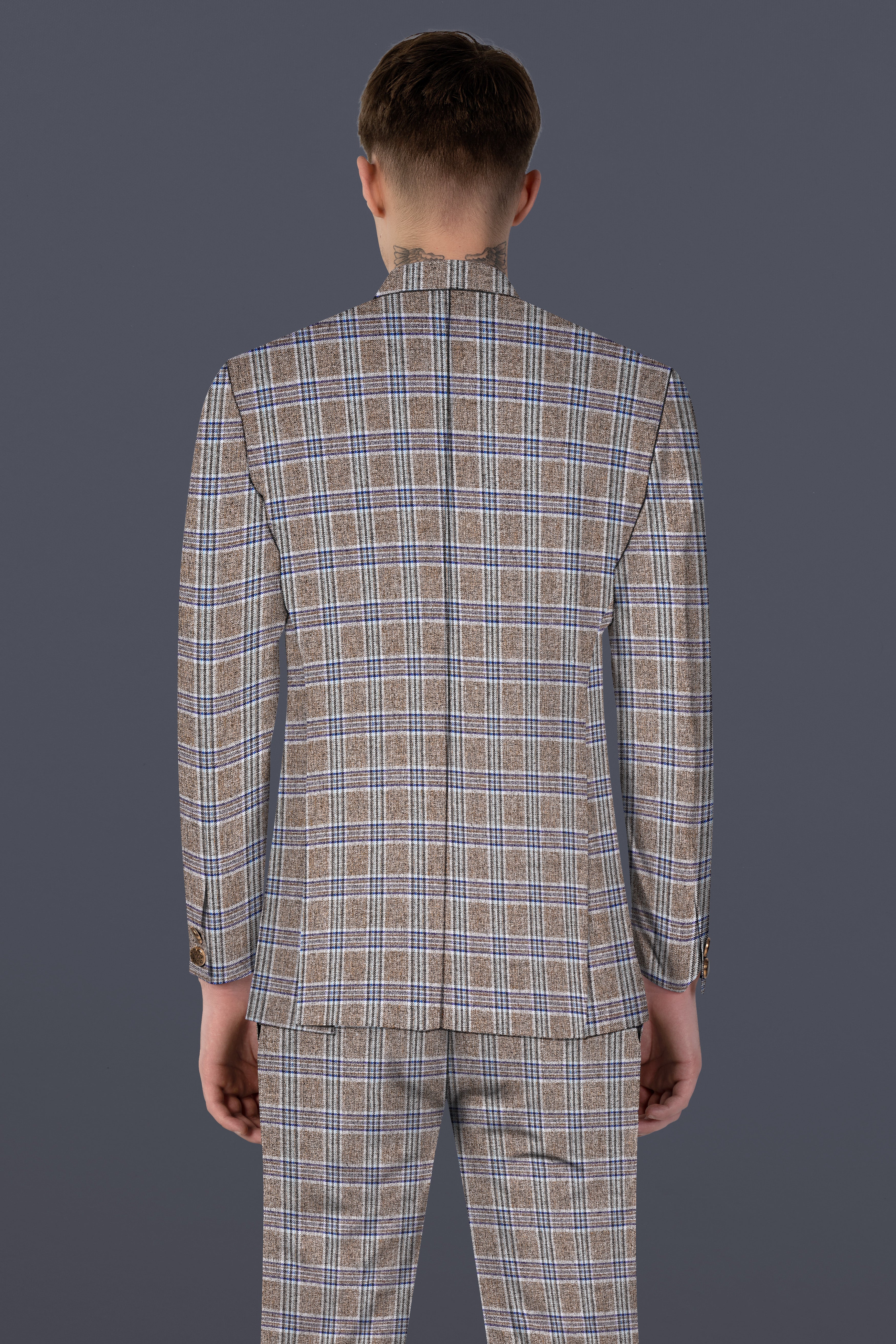 Shadow Brown with Rhino Blue Plaid Wool Blend Bandhgala Suit