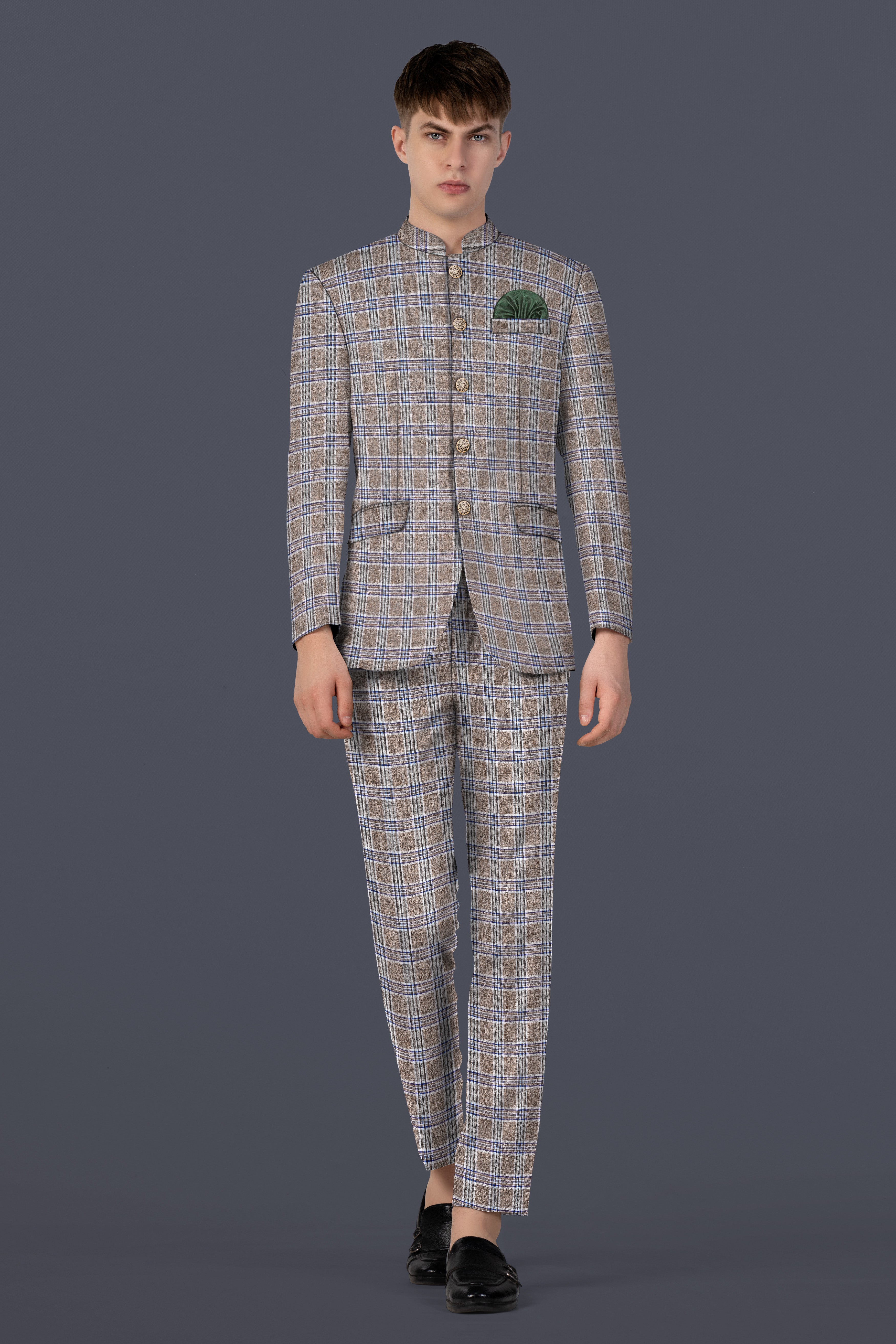 Shadow Brown with Rhino Blue Plaid Wool Blend Bandhgala Suit