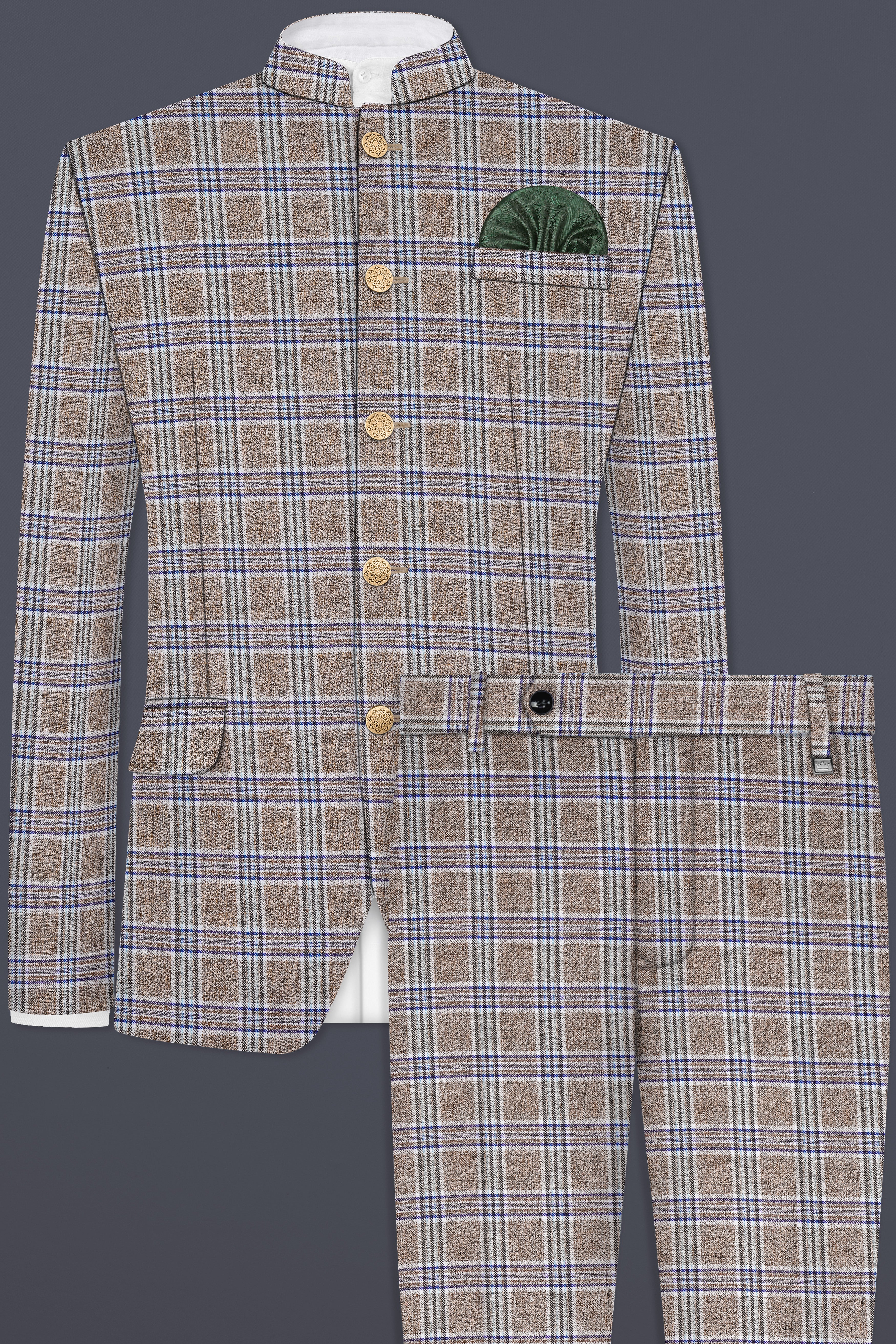 Shadow Brown with Rhino Blue Plaid Wool Blend Bandhgala Suit