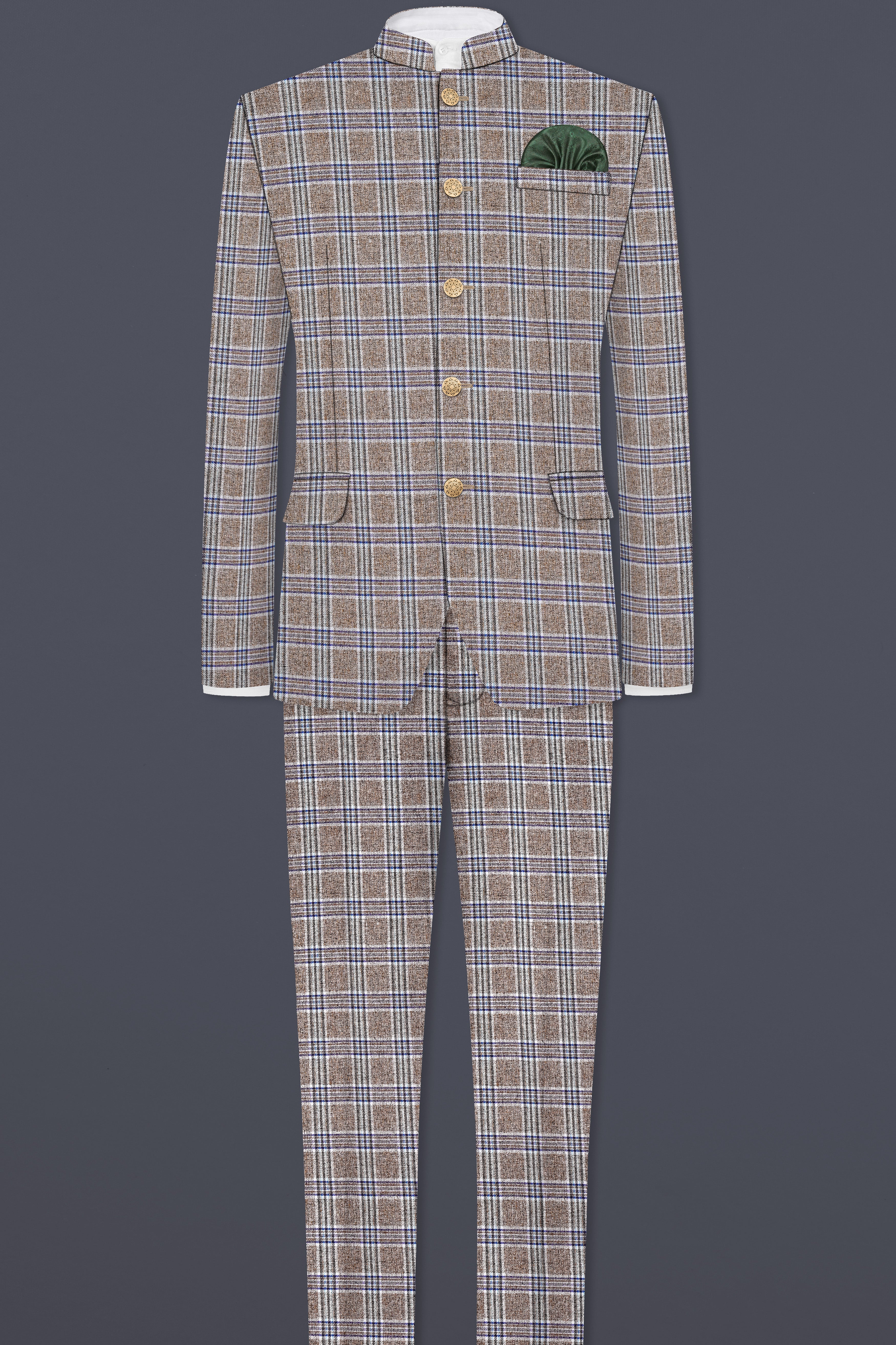 Shadow Brown with Rhino Blue Plaid Wool Blend Bandhgala Suit