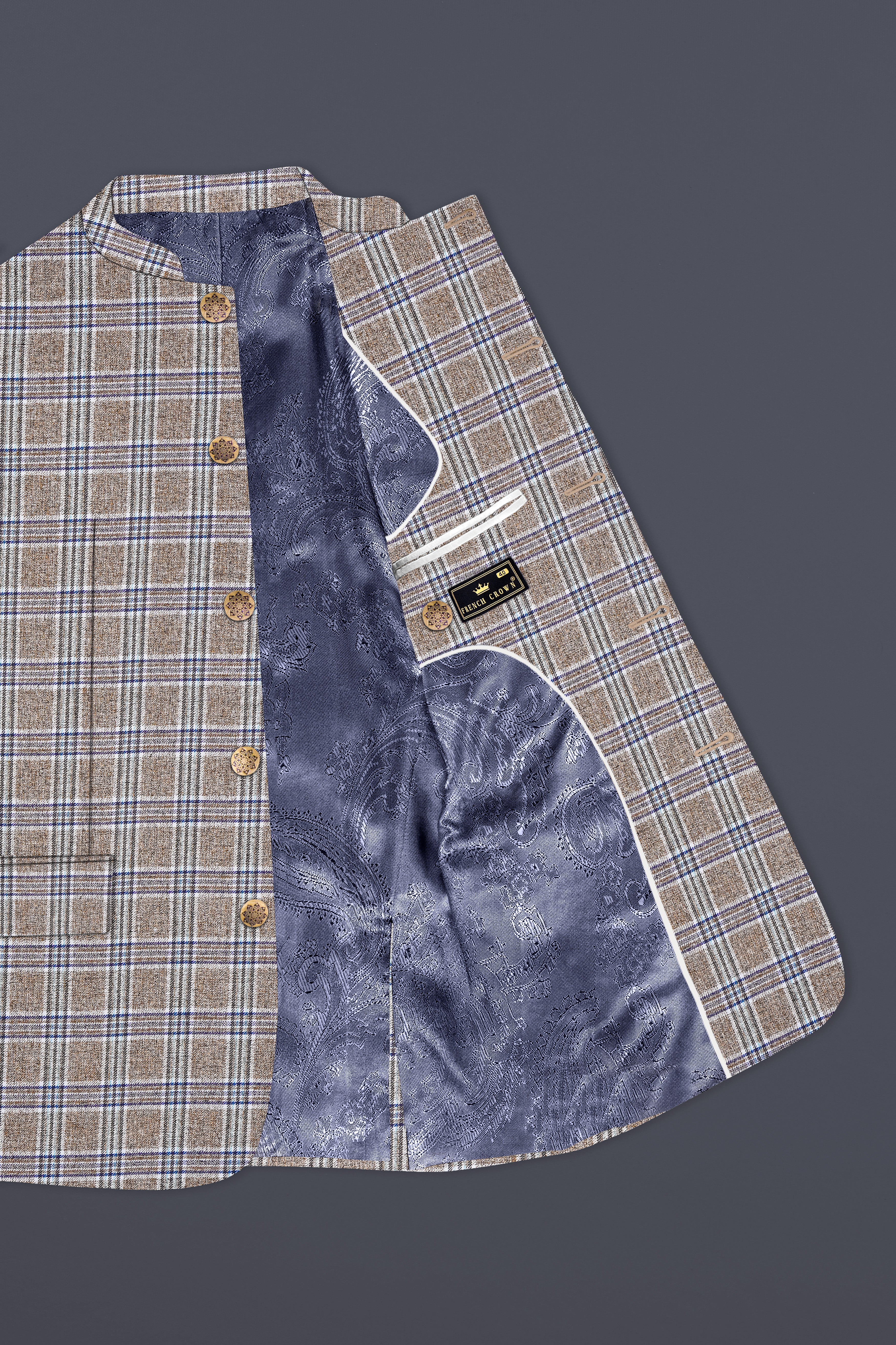 Shadow Brown with Rhino Blue Plaid Wool Blend Bandhgala Suit