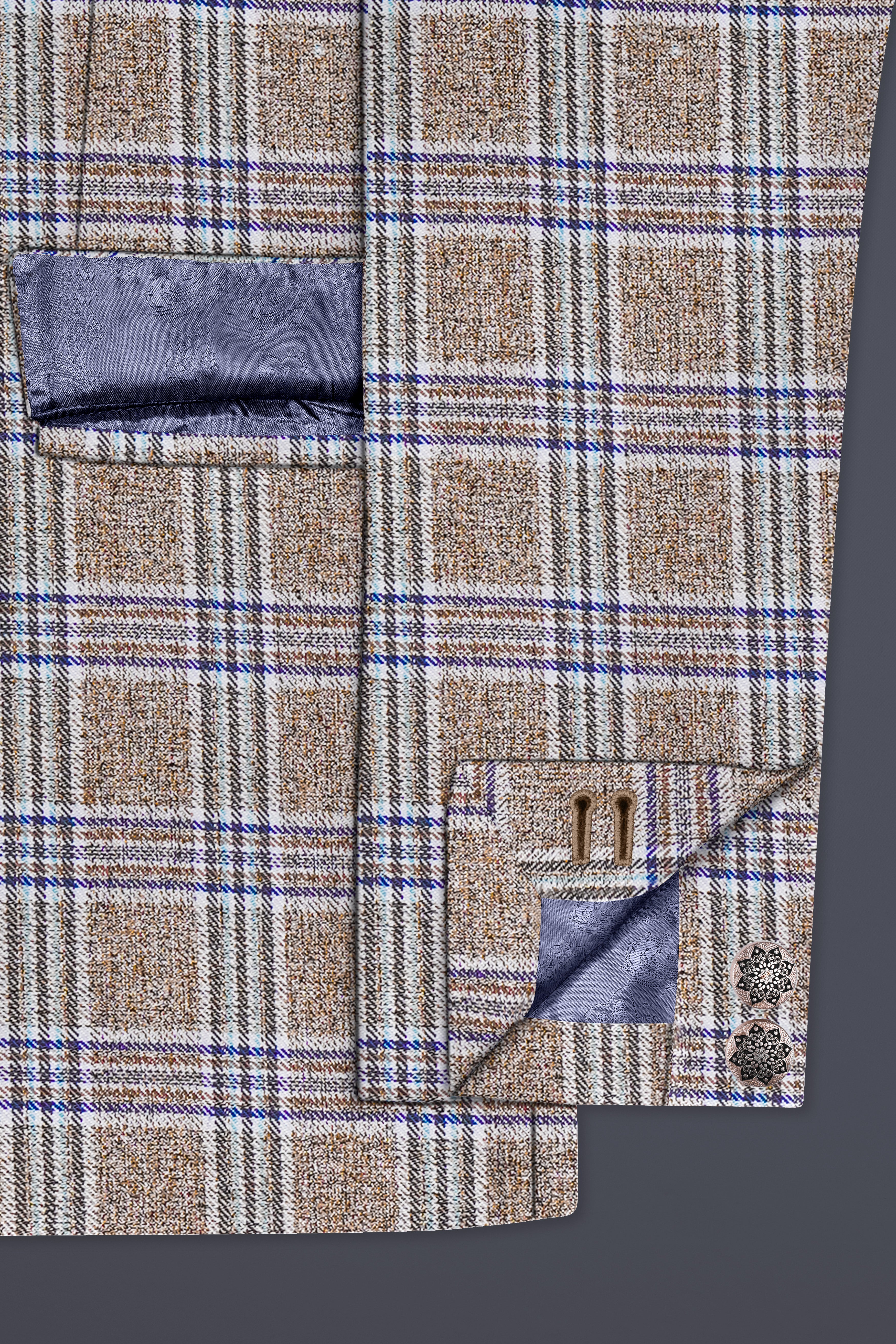 Shadow Brown with Rhino Blue Plaid Wool Blend Bandhgala Suit