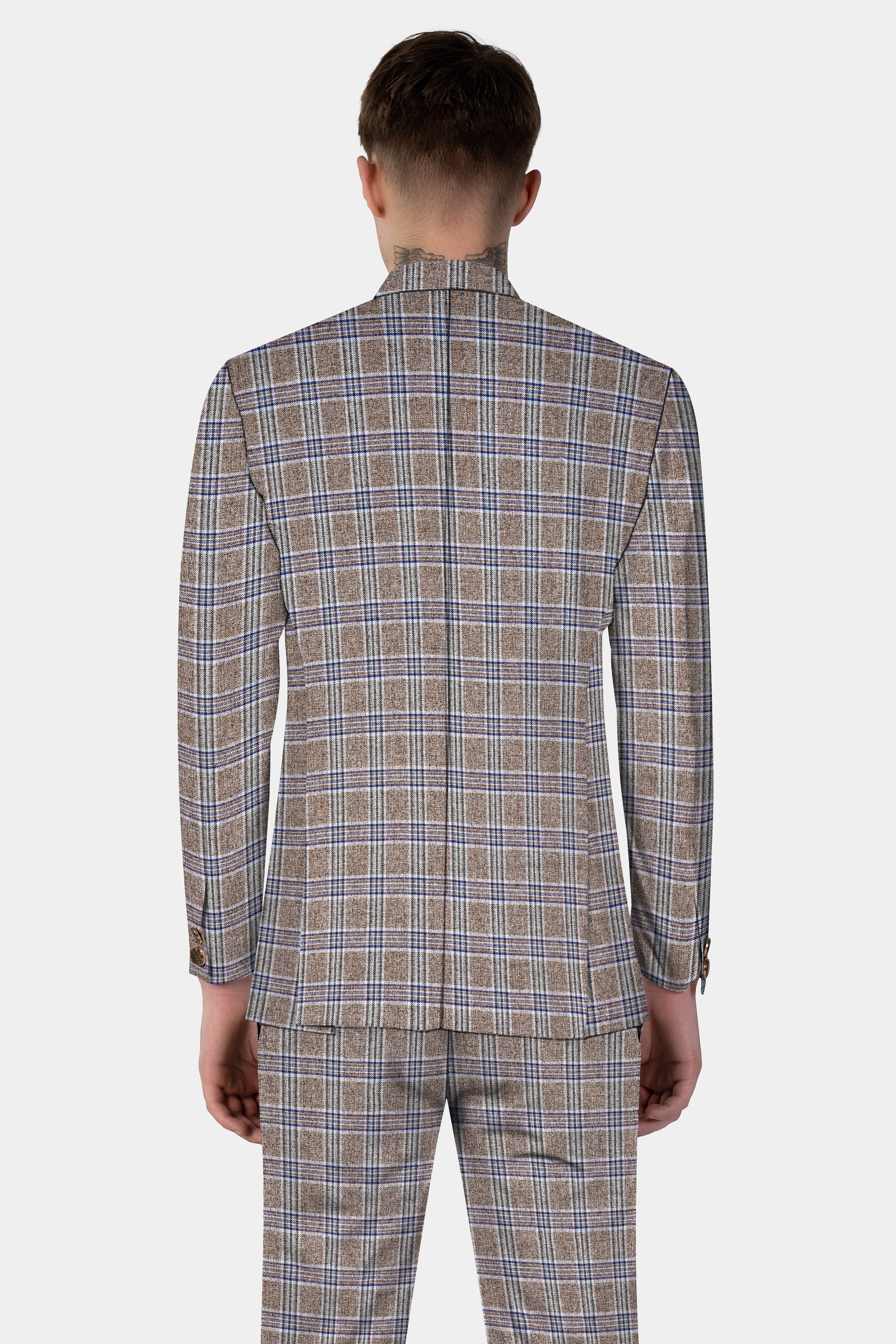 Shadow Brown with Rhino Blue Plaid Wool Blend Cross Placket Bandhgala Suit