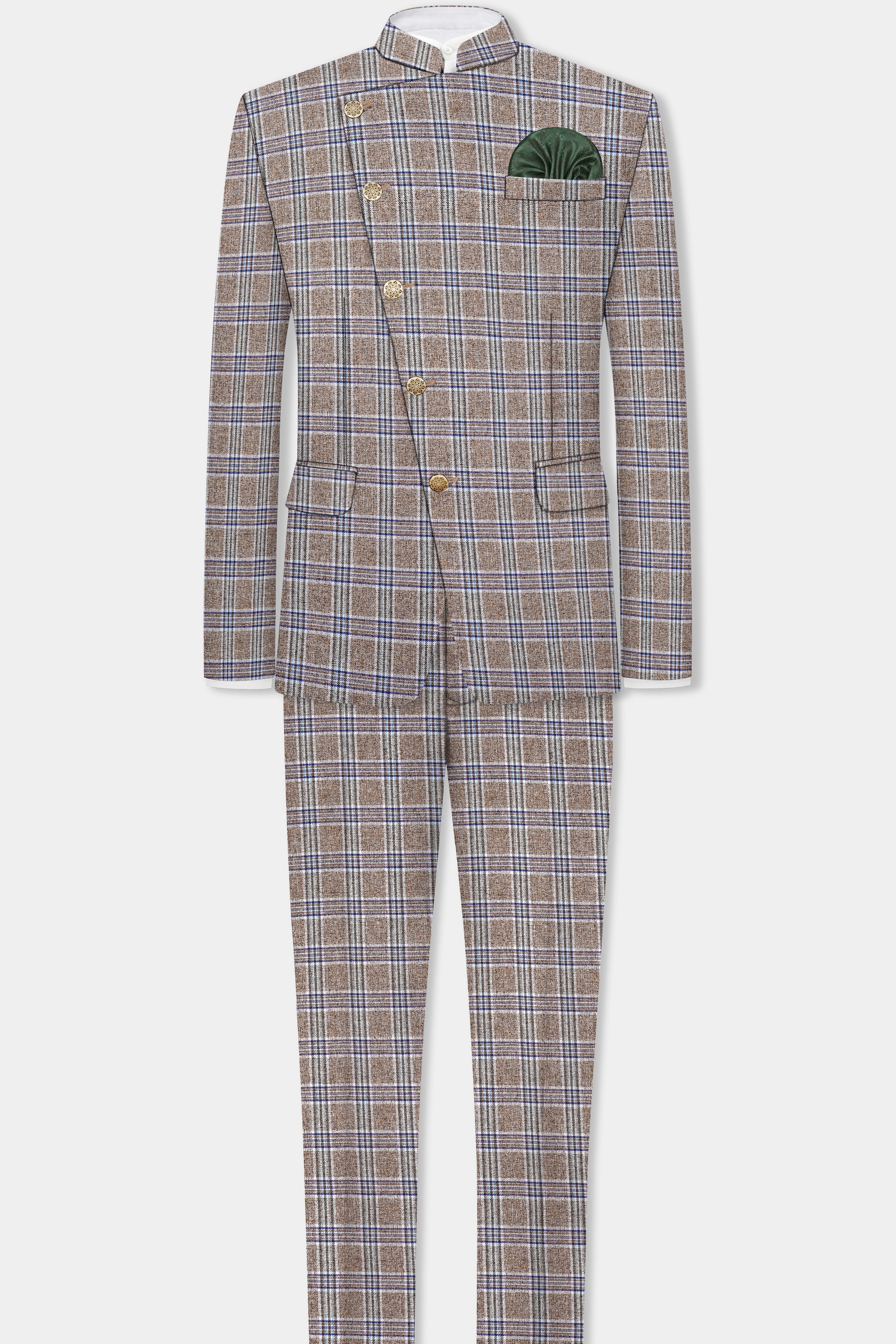 Shadow Brown with Rhino Blue Plaid Wool Blend Cross Placket Bandhgala Suit