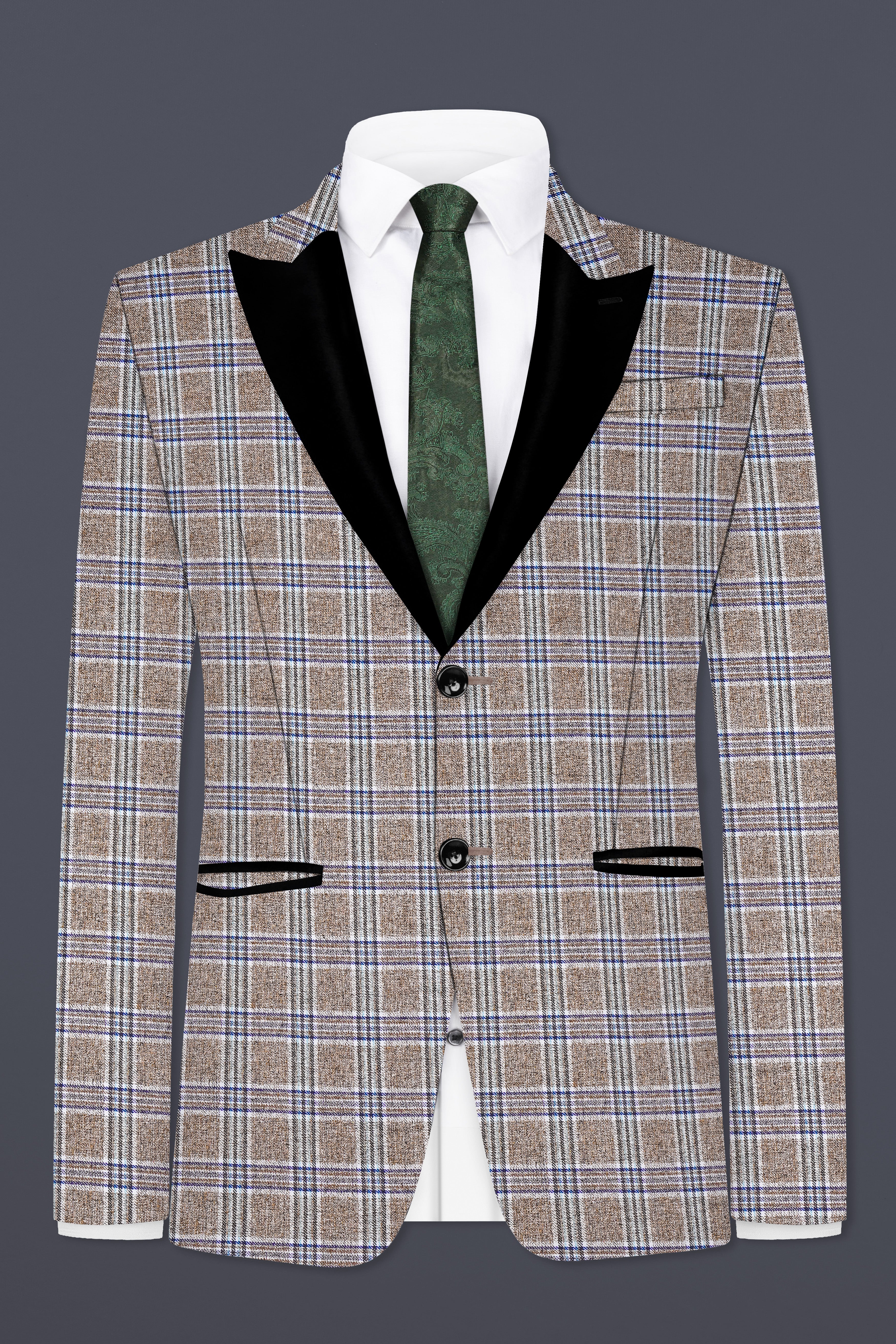 Shadow Brown with Rhino Blue Plaid Wool Blend Peak Collar Tuxedo Suit