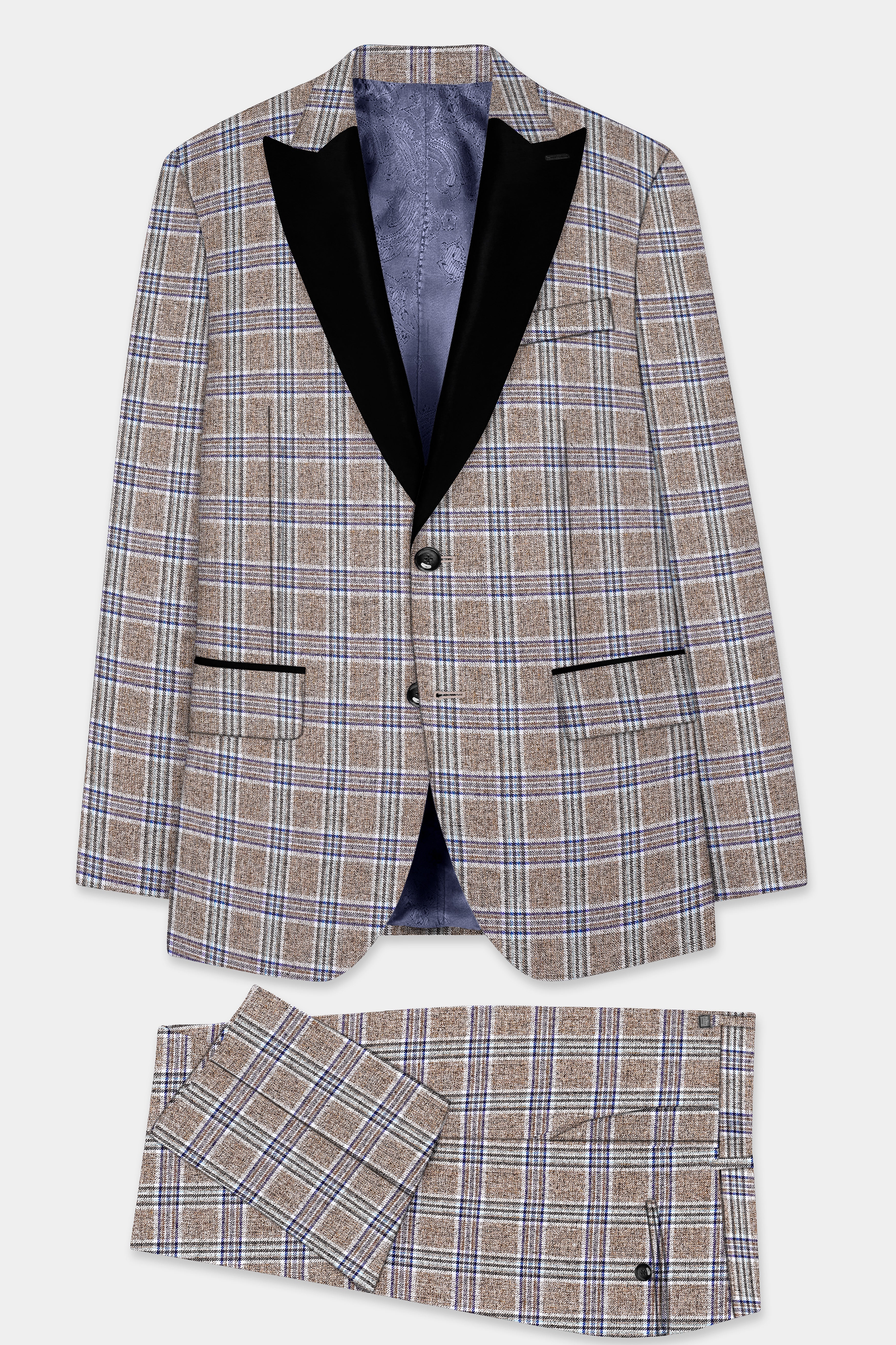 Shadow Brown with Rhino Blue Plaid Wool Blend Peak Collar Tuxedo Suit