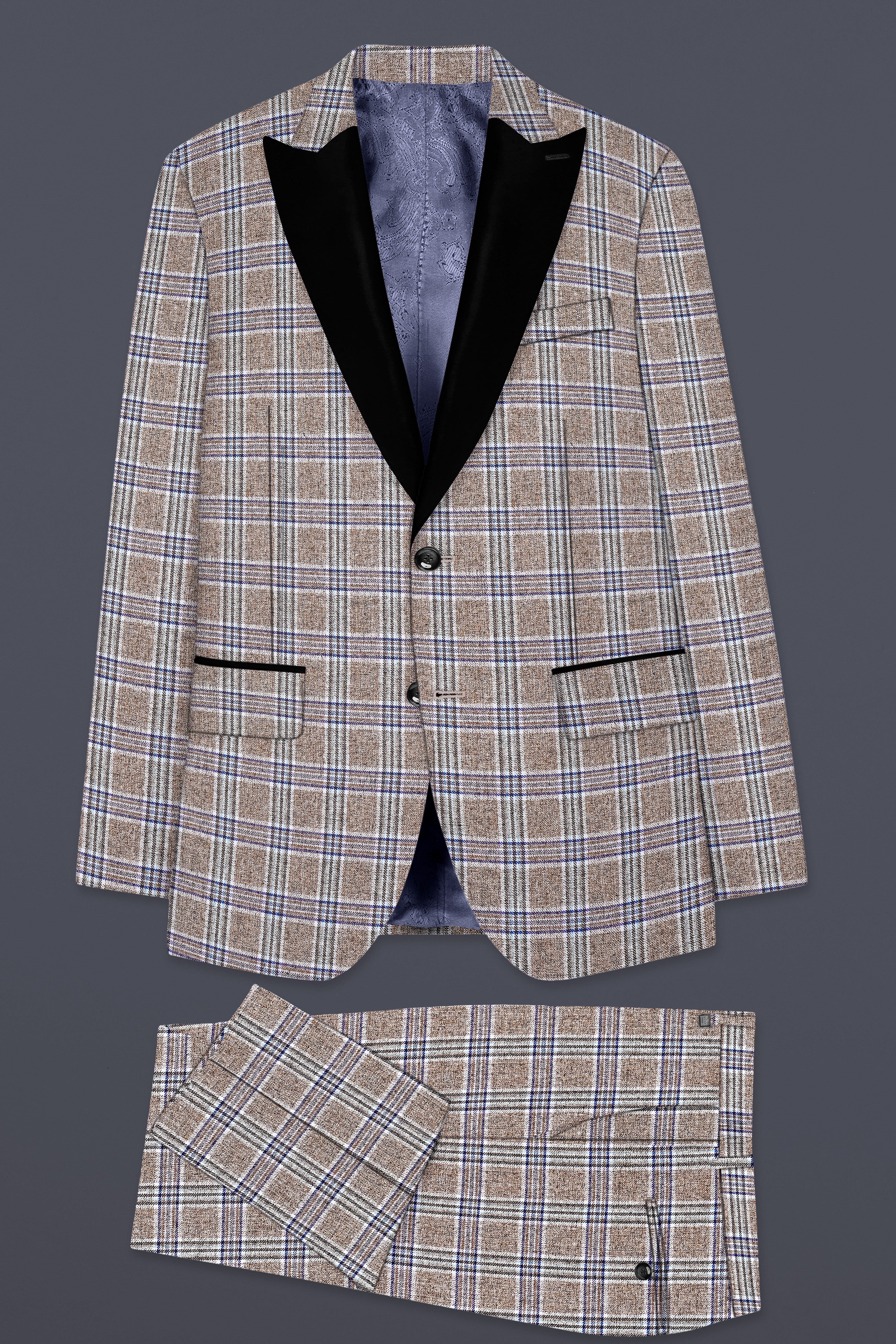 Shadow Brown with Rhino Blue Plaid Wool Blend Peak Collar Tuxedo Suit