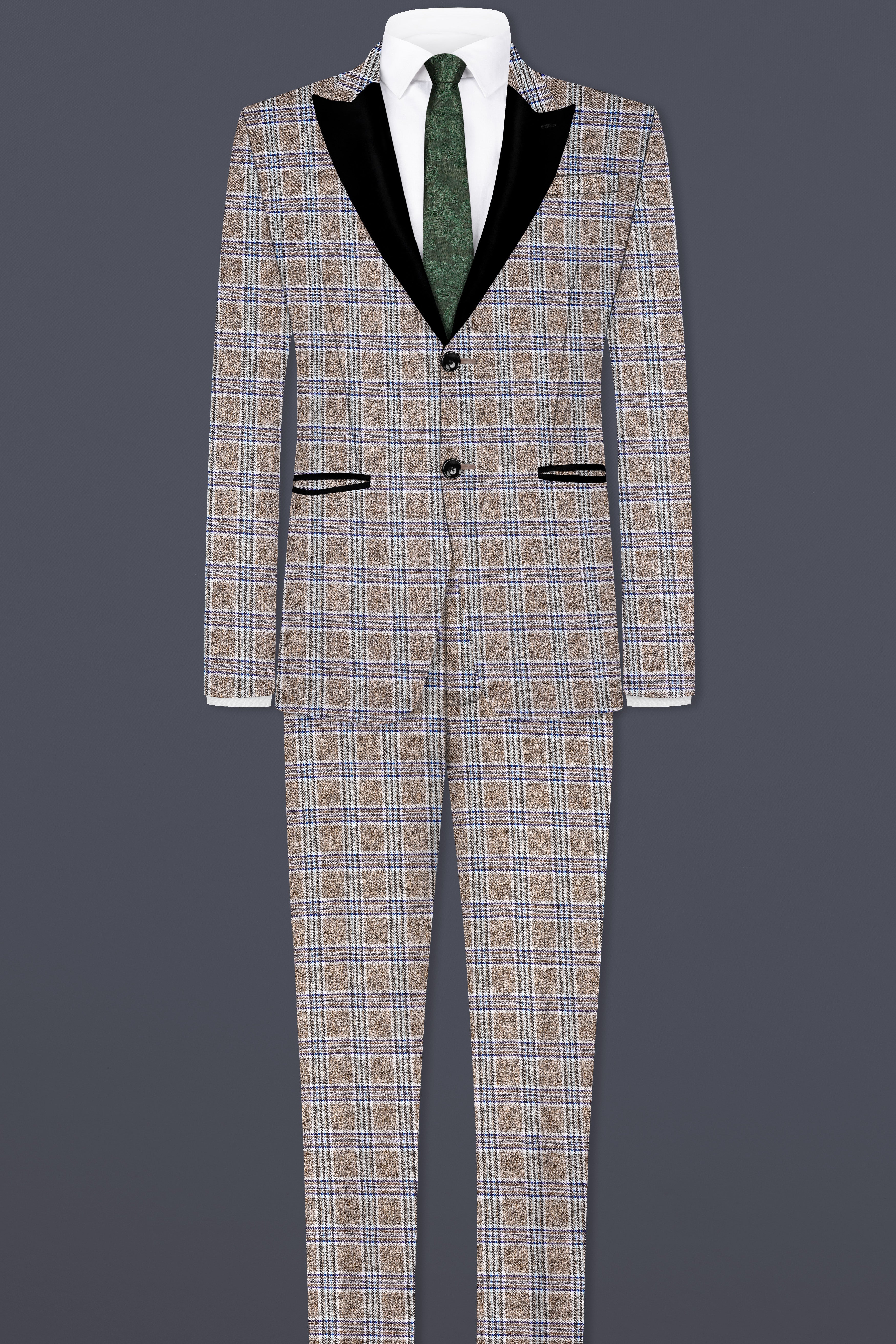 Shadow Brown with Rhino Blue Plaid Wool Blend Peak Collar Tuxedo Suit