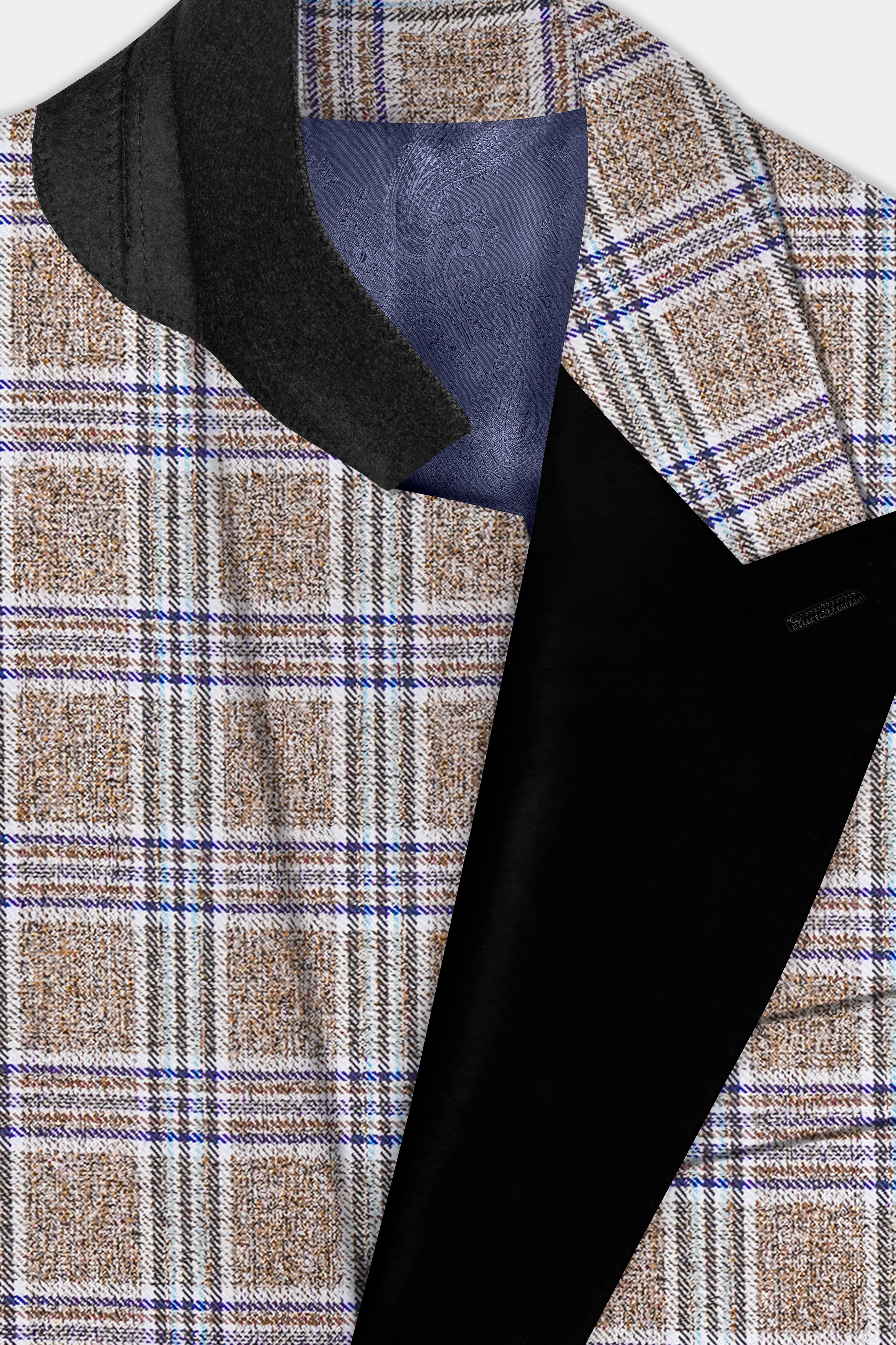 Shadow Brown with Rhino Blue Plaid Wool Blend Peak Collar Tuxedo Suit