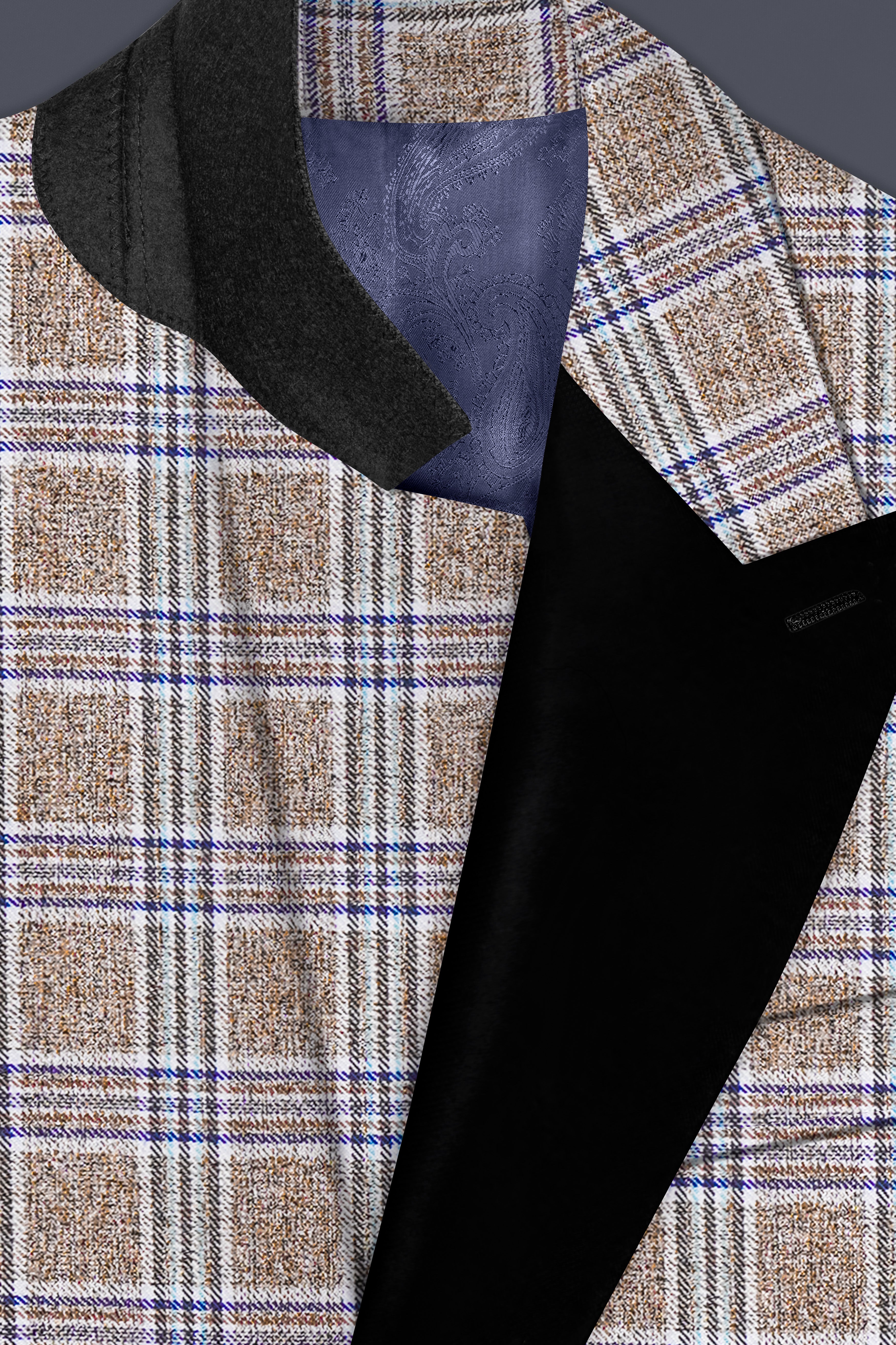 Shadow Brown with Rhino Blue Plaid Wool Blend Peak Collar Tuxedo Suit