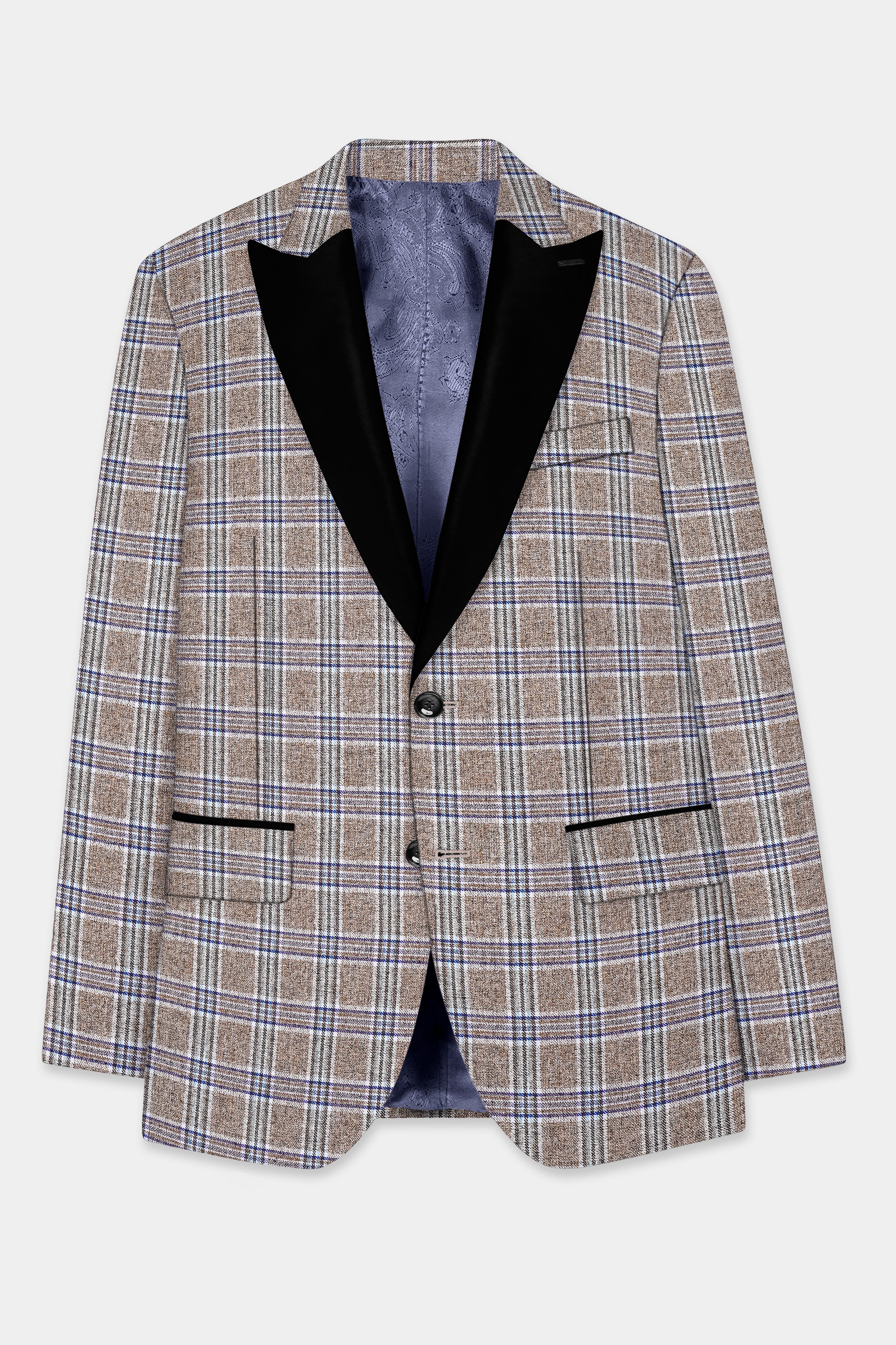 Shadow Brown with Rhino Blue Plaid Wool Blend Peak Collar Tuxedo Suit