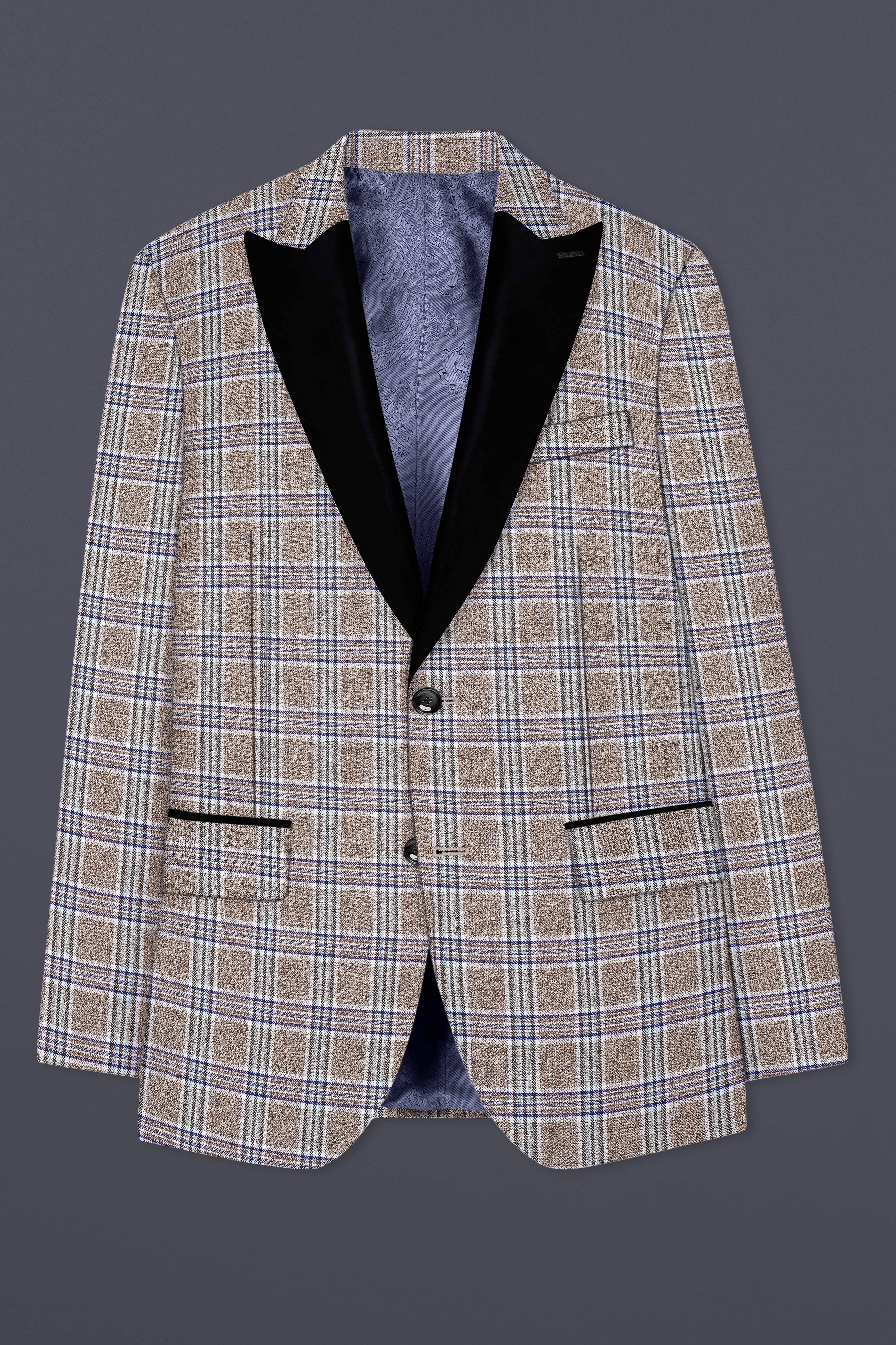 Shadow Brown with Rhino Blue Plaid Wool Blend Peak Collar Tuxedo Suit