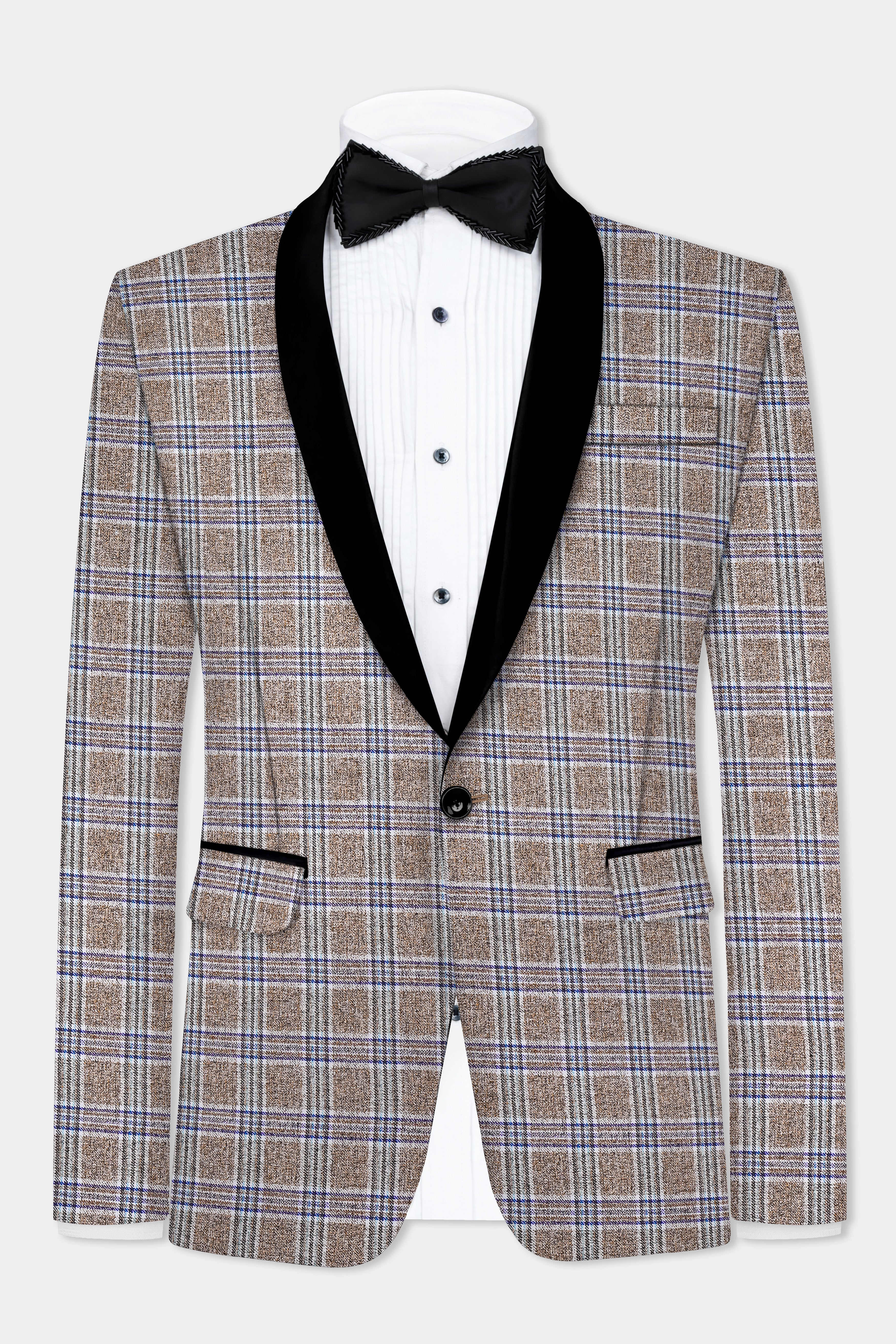 Shadow Brown with Rhino Blue Plaid Wool Blend Tuxedo Suit