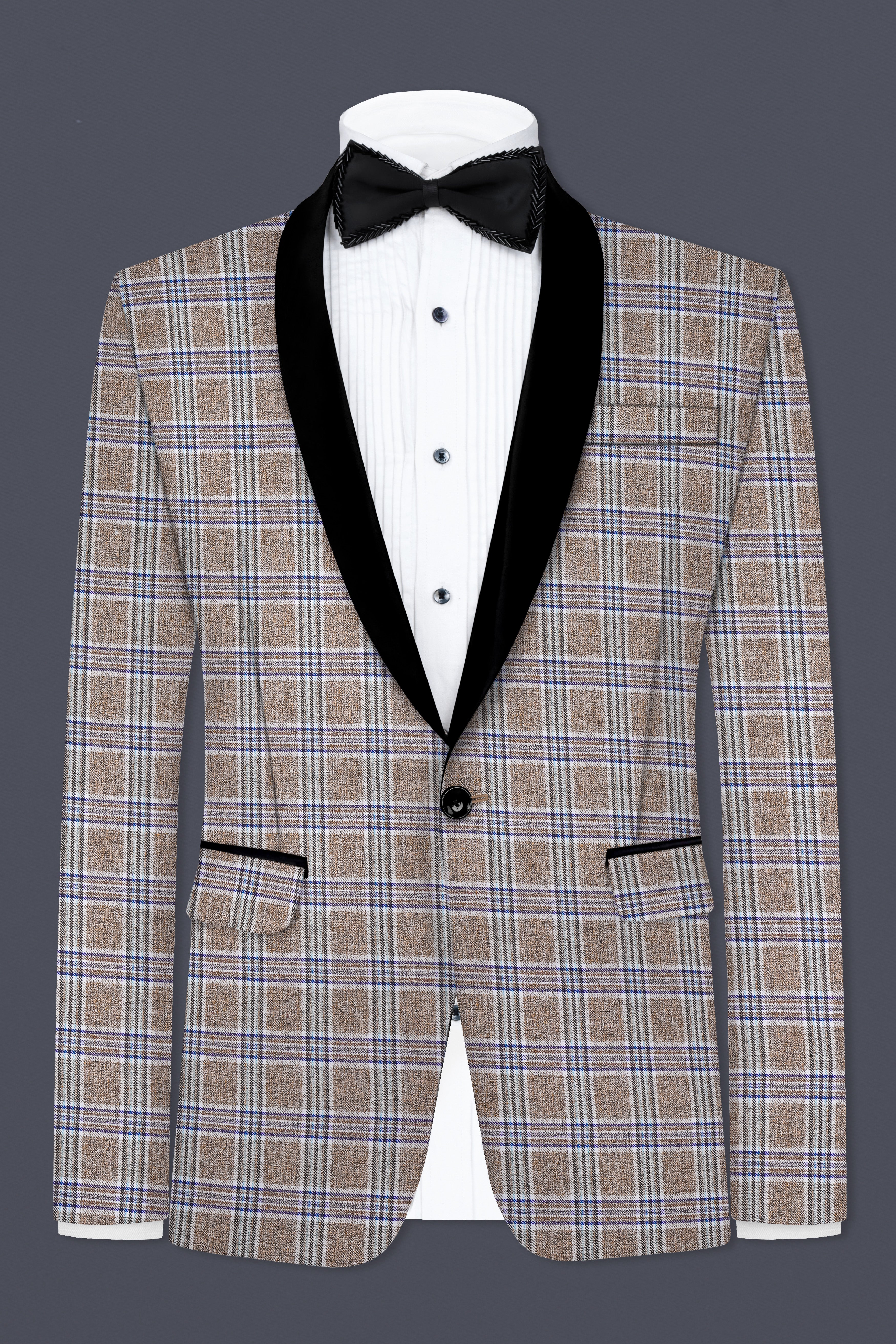 Shadow Brown with Rhino Blue Plaid Wool Blend Tuxedo Suit