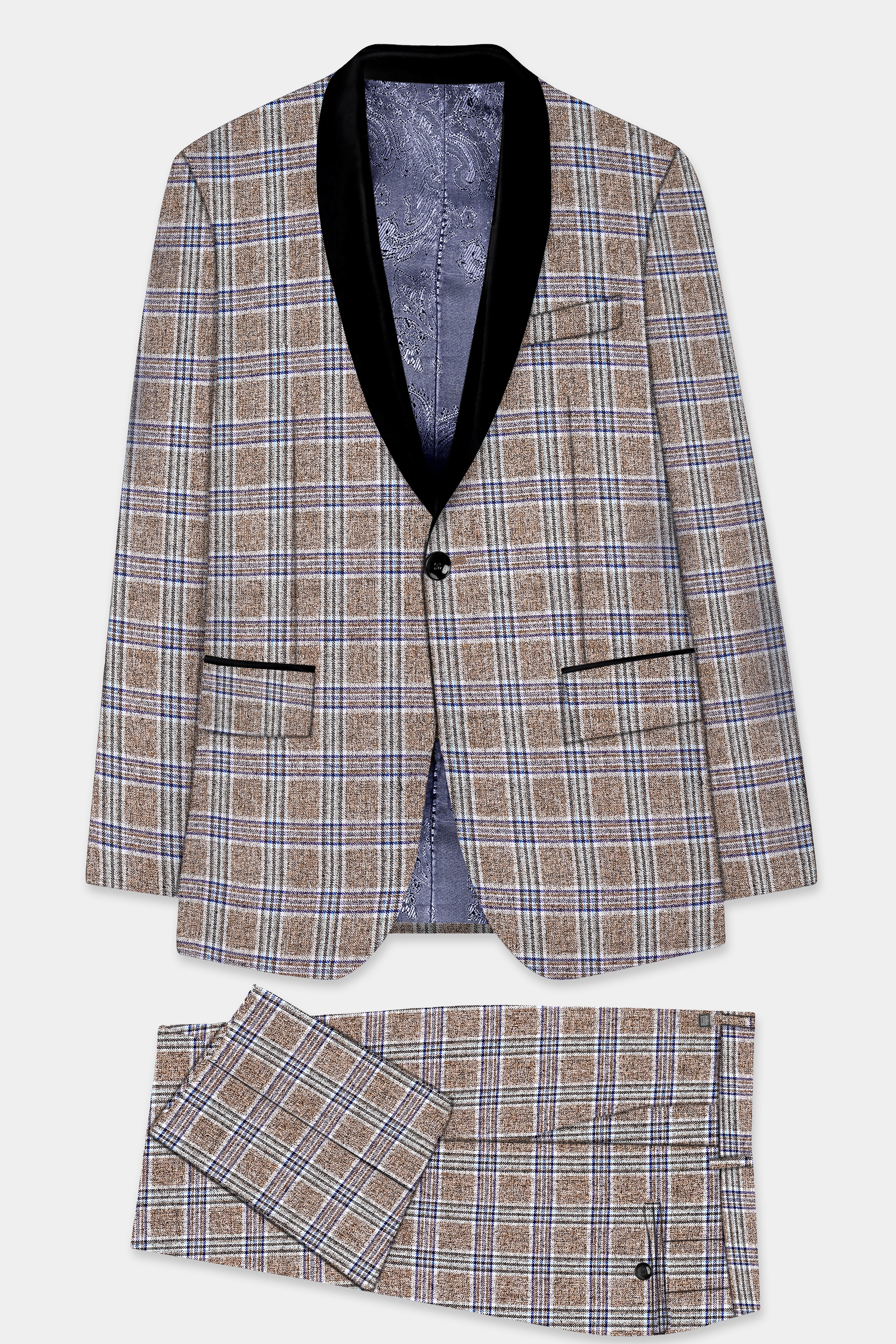 Shadow Brown with Rhino Blue Plaid Wool Blend Tuxedo Suit