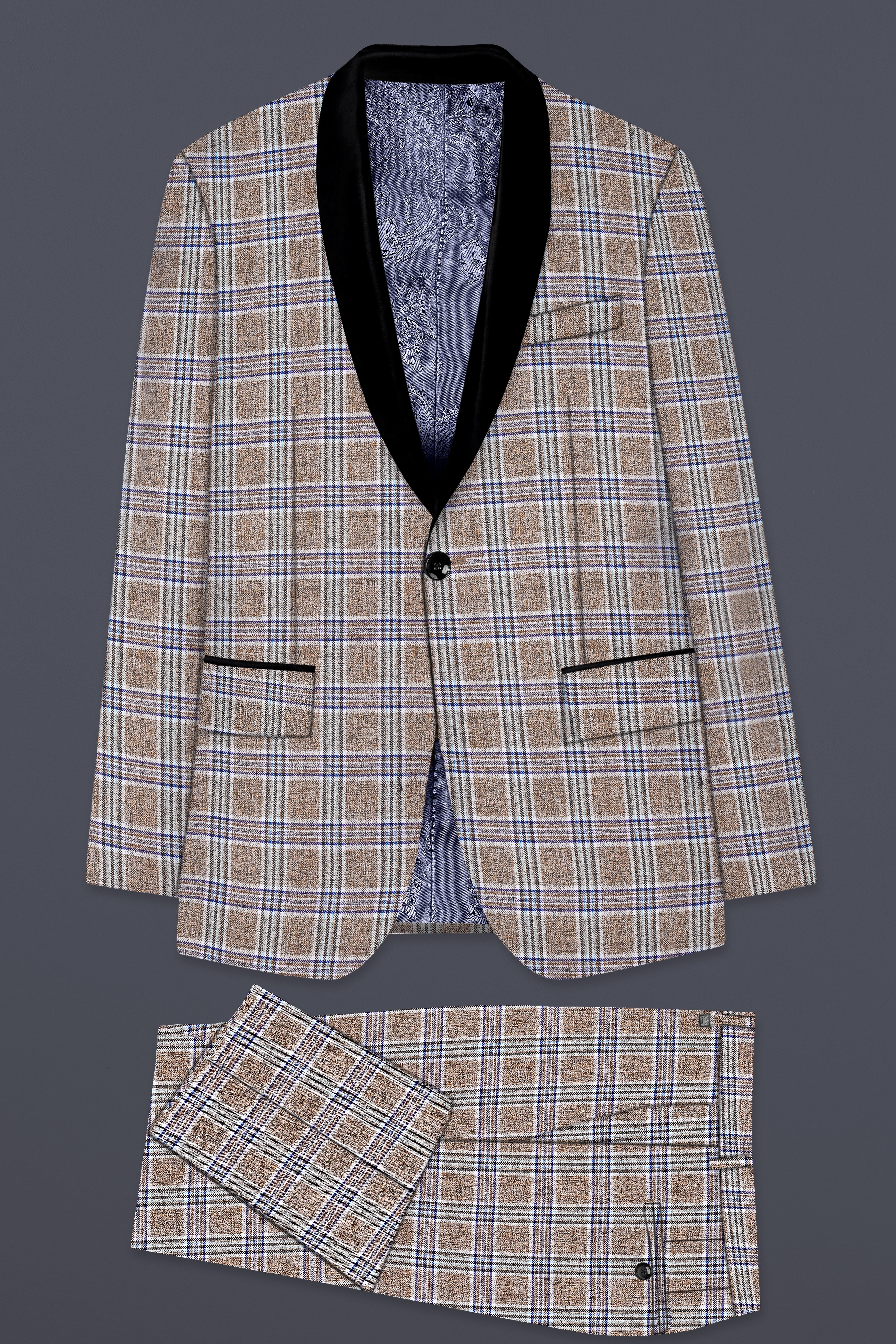 Shadow Brown with Rhino Blue Plaid Wool Blend Tuxedo Suit