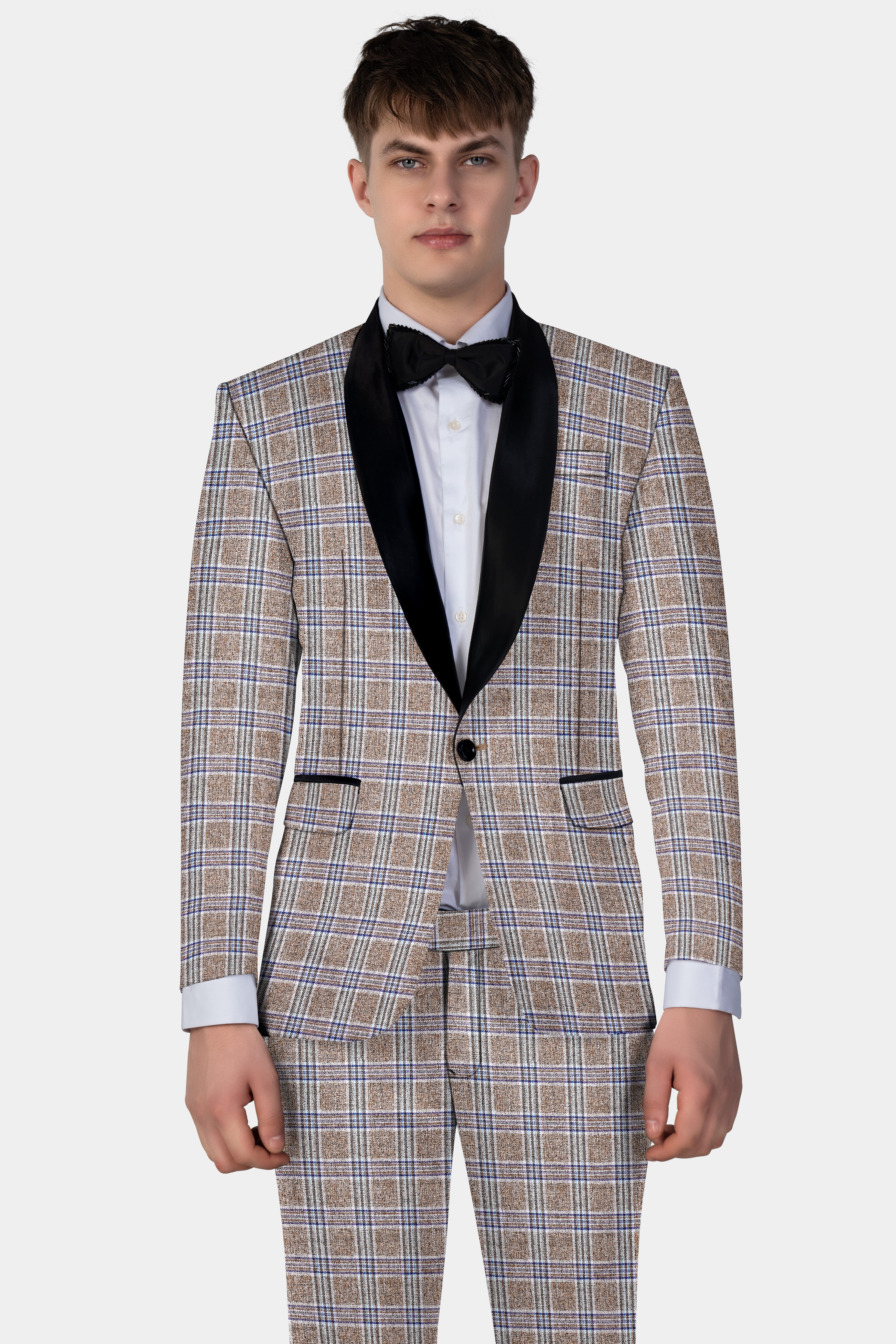 Shadow Brown with Rhino Blue Plaid Wool Blend Tuxedo Suit