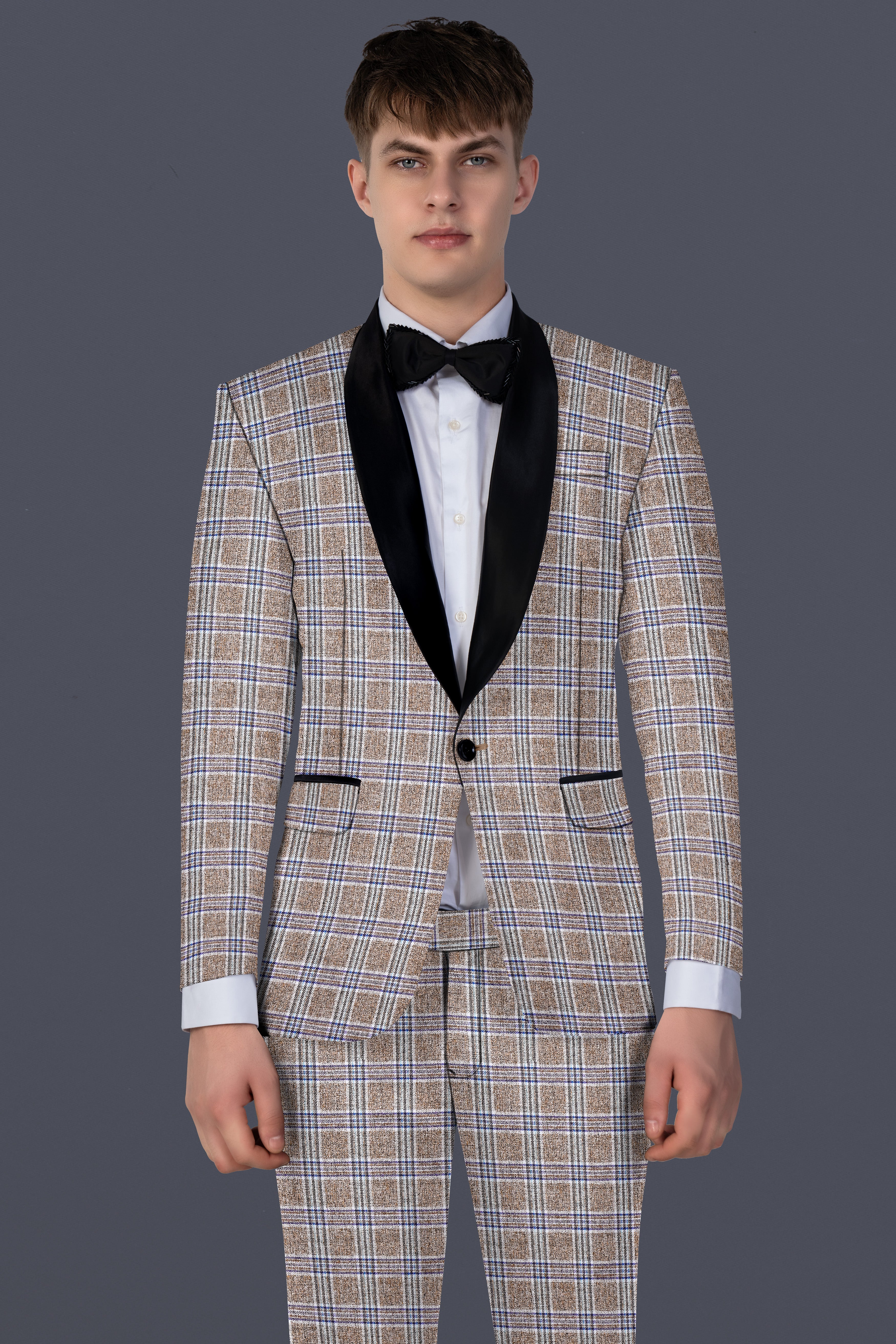 Shadow Brown with Rhino Blue Plaid Wool Blend Tuxedo Suit