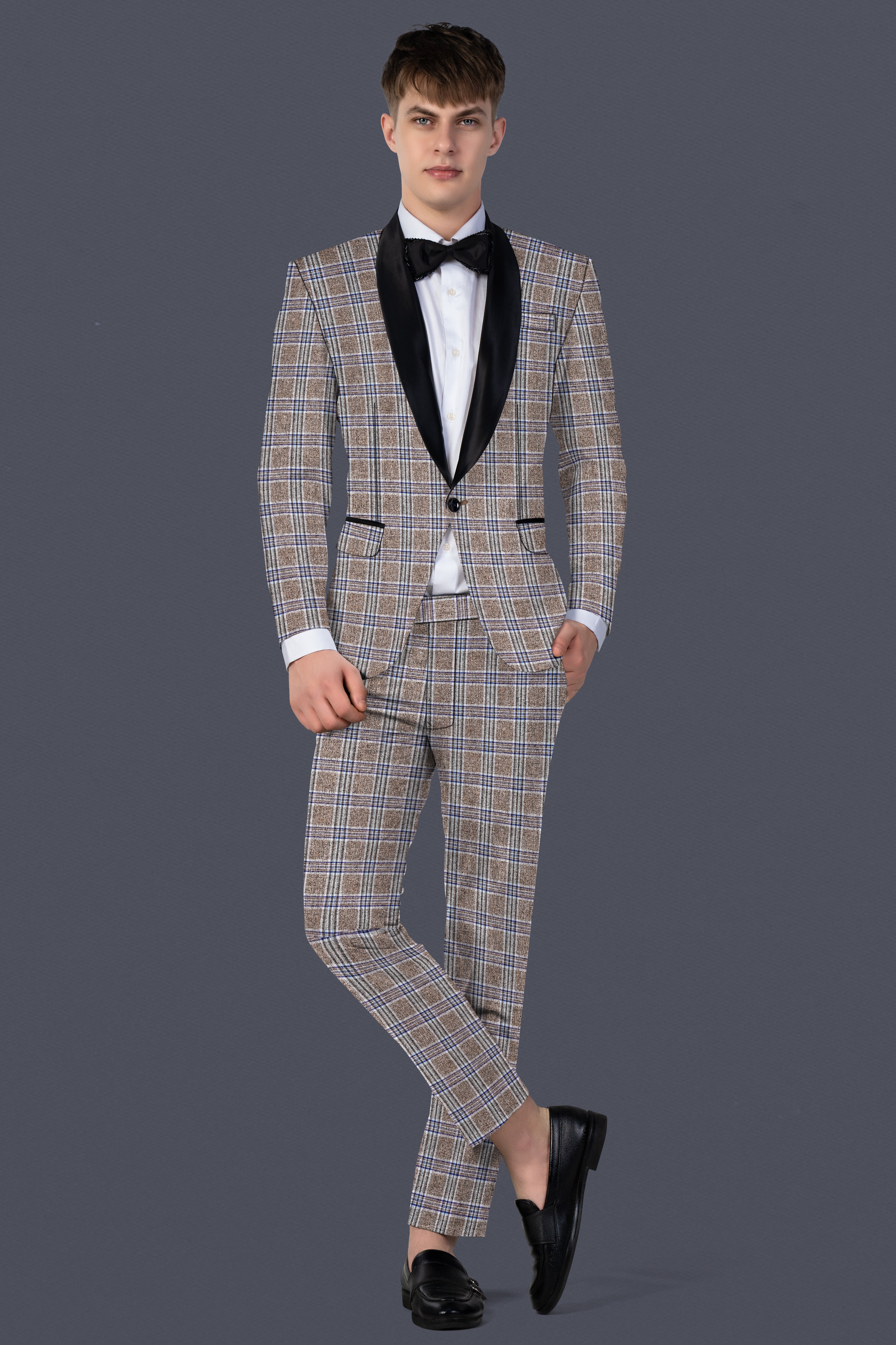 Shadow Brown with Rhino Blue Plaid Wool Blend Tuxedo Suit