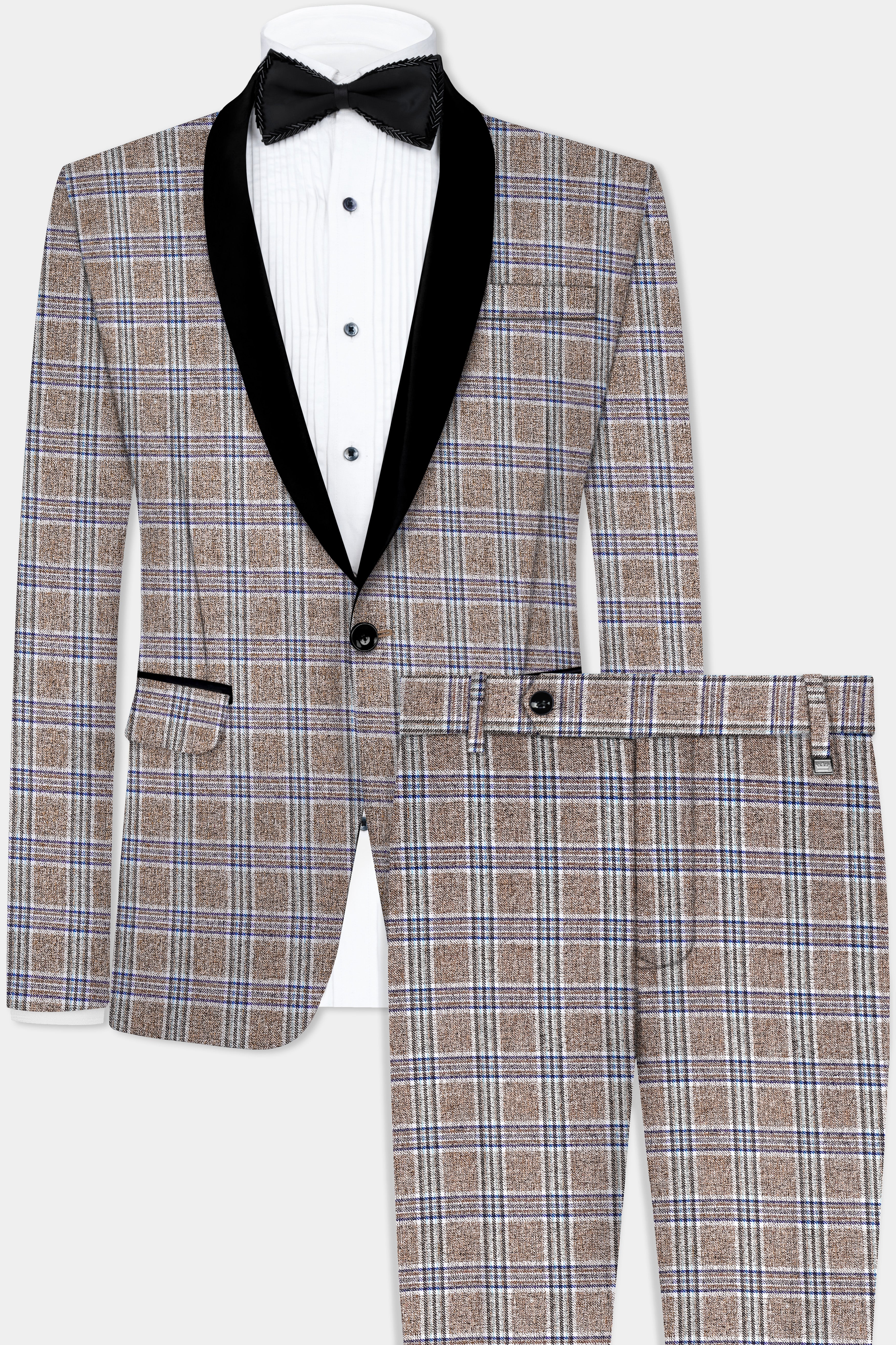 Shadow Brown with Rhino Blue Plaid Wool Blend Tuxedo Suit