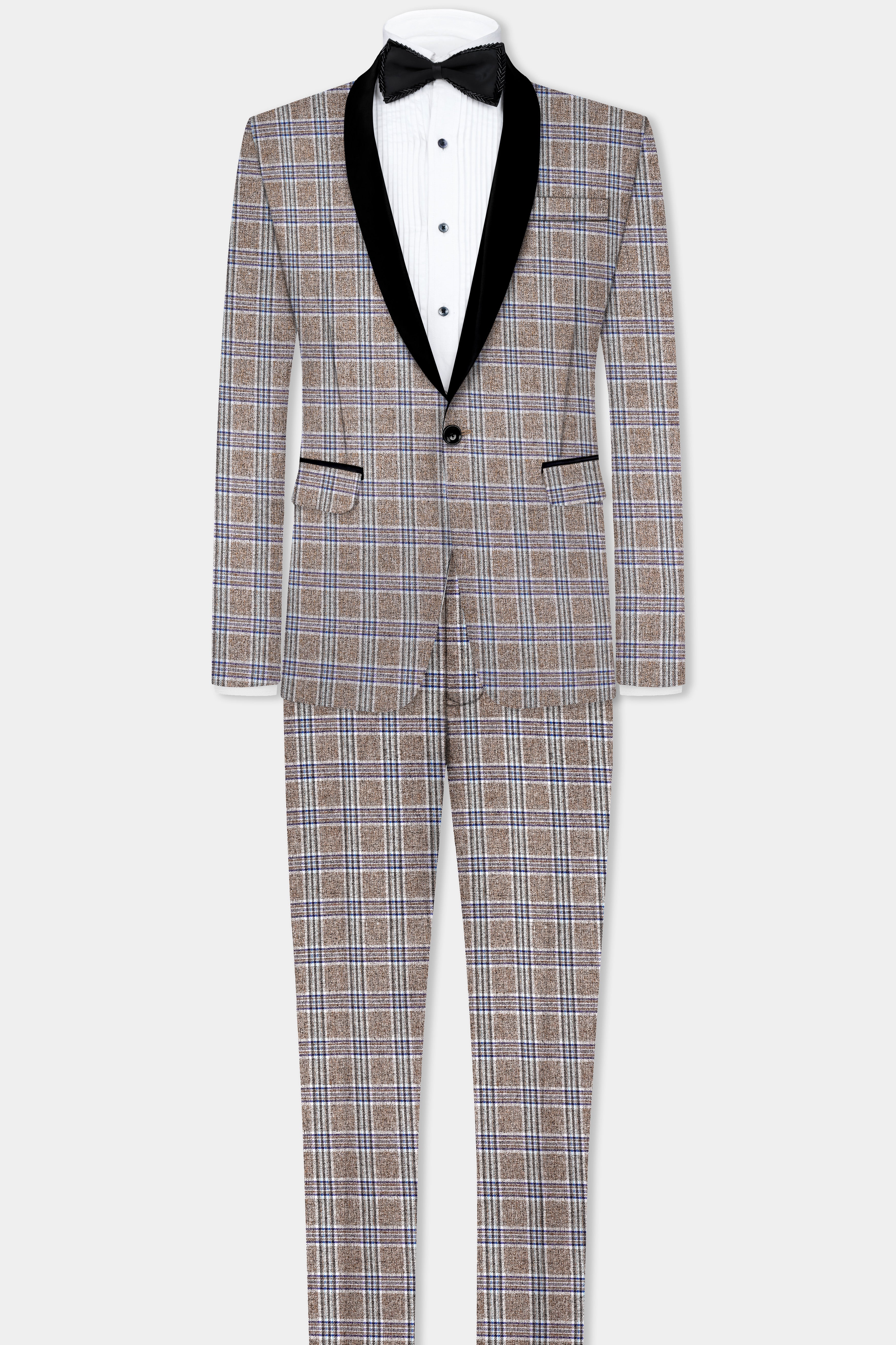 Shadow Brown with Rhino Blue Plaid Wool Blend Tuxedo Suit