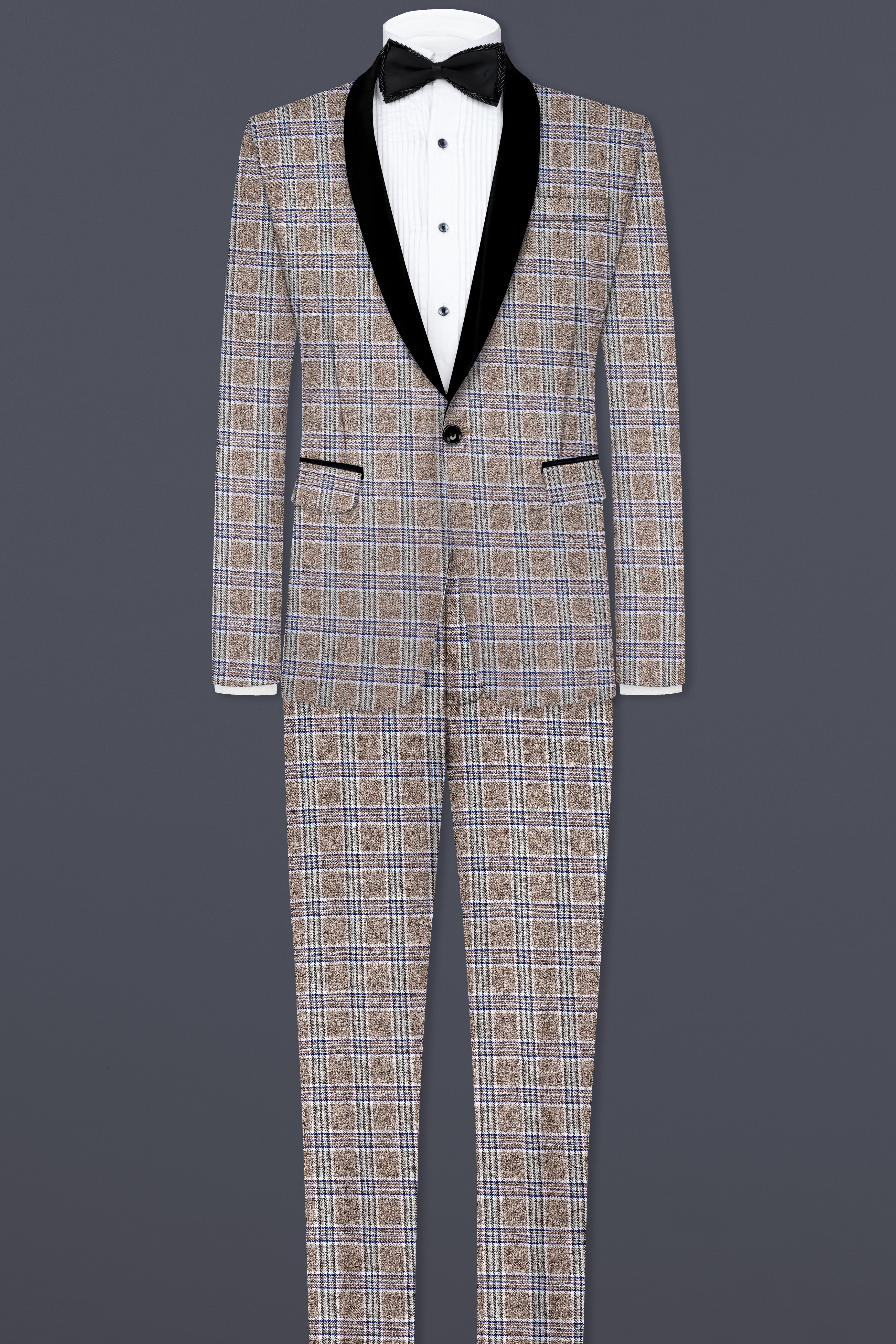 Shadow Brown with Rhino Blue Plaid Wool Blend Tuxedo Suit