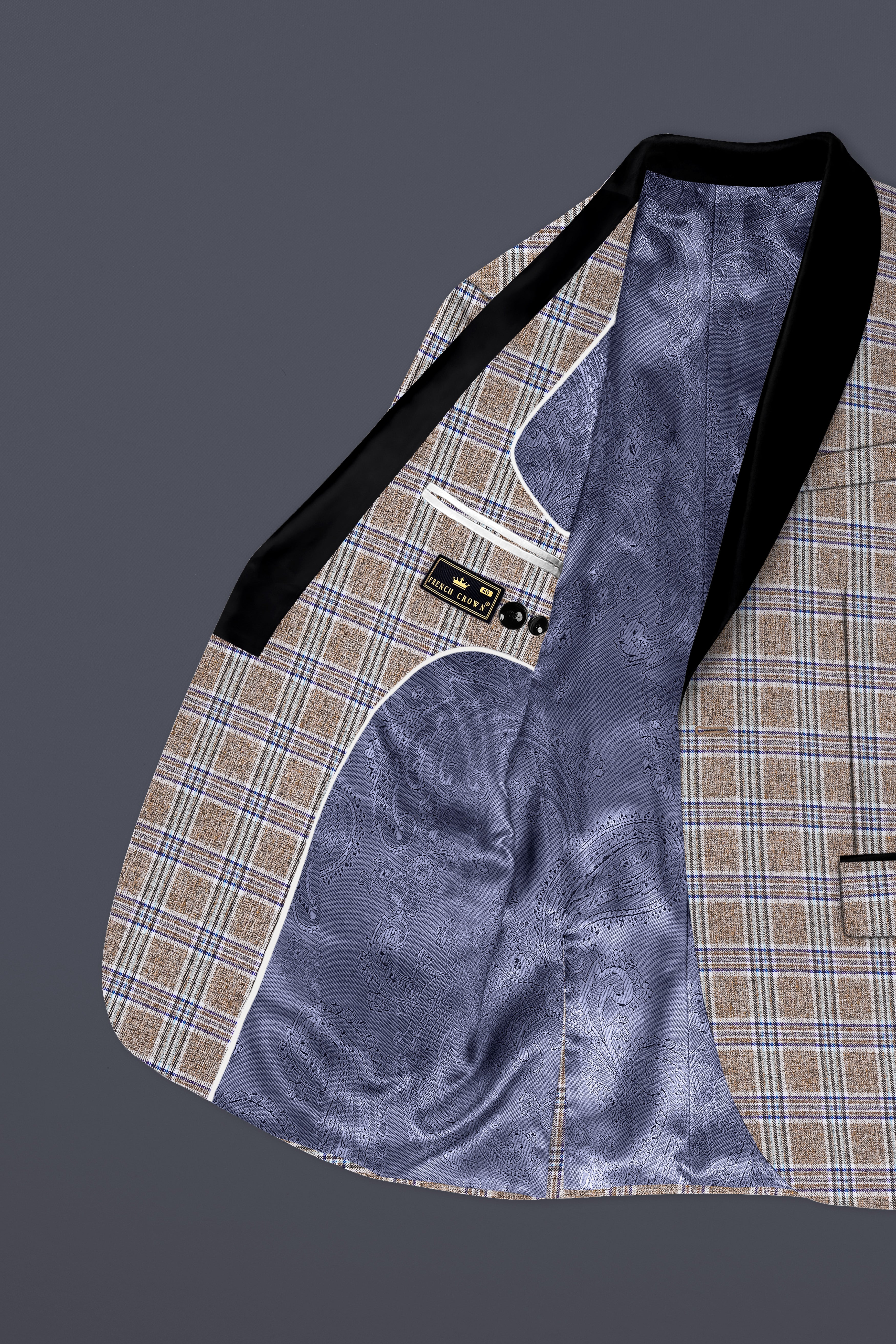 Shadow Brown with Rhino Blue Plaid Wool Blend Tuxedo Suit