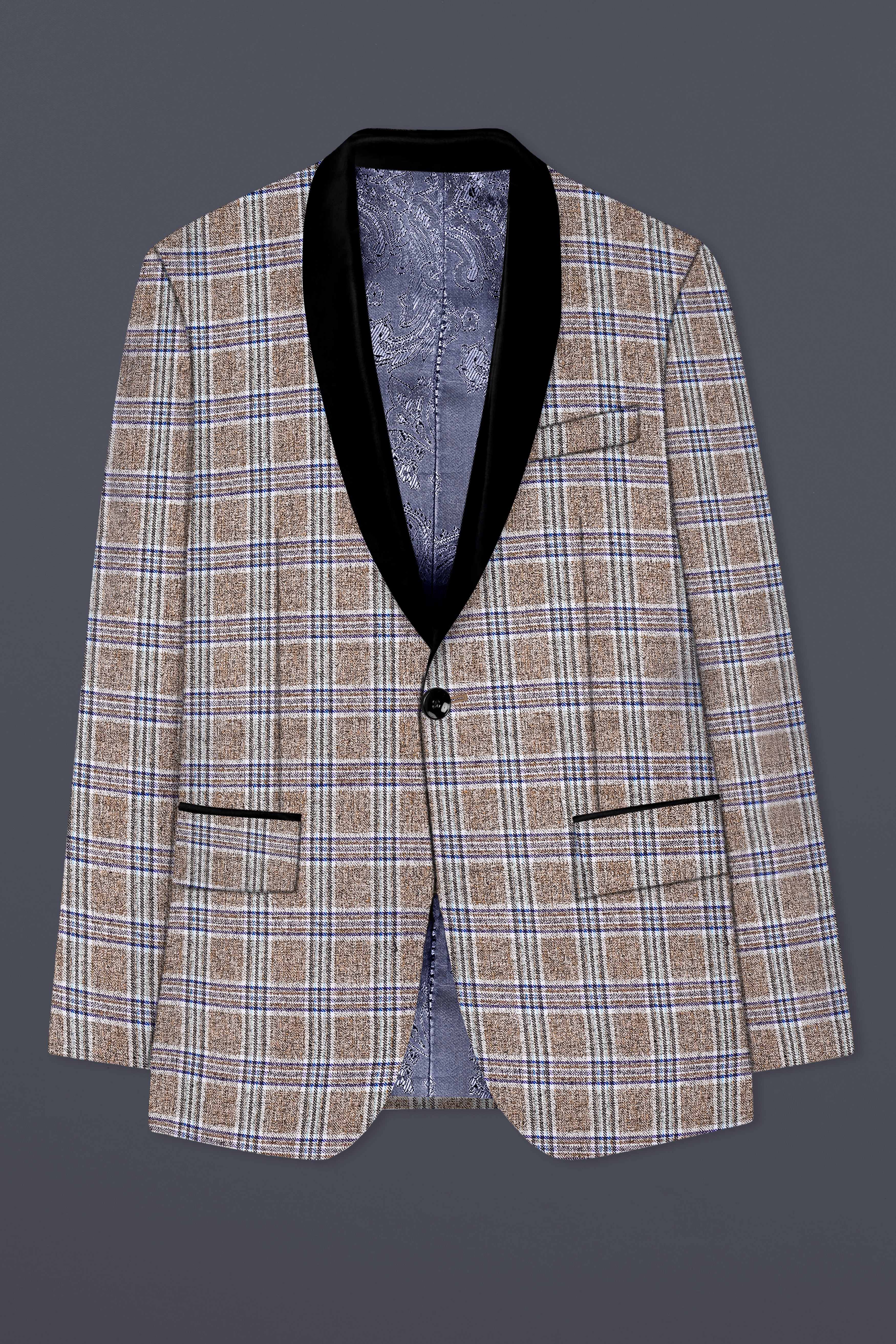 Shadow Brown with Rhino Blue Plaid Wool Blend Tuxedo Suit