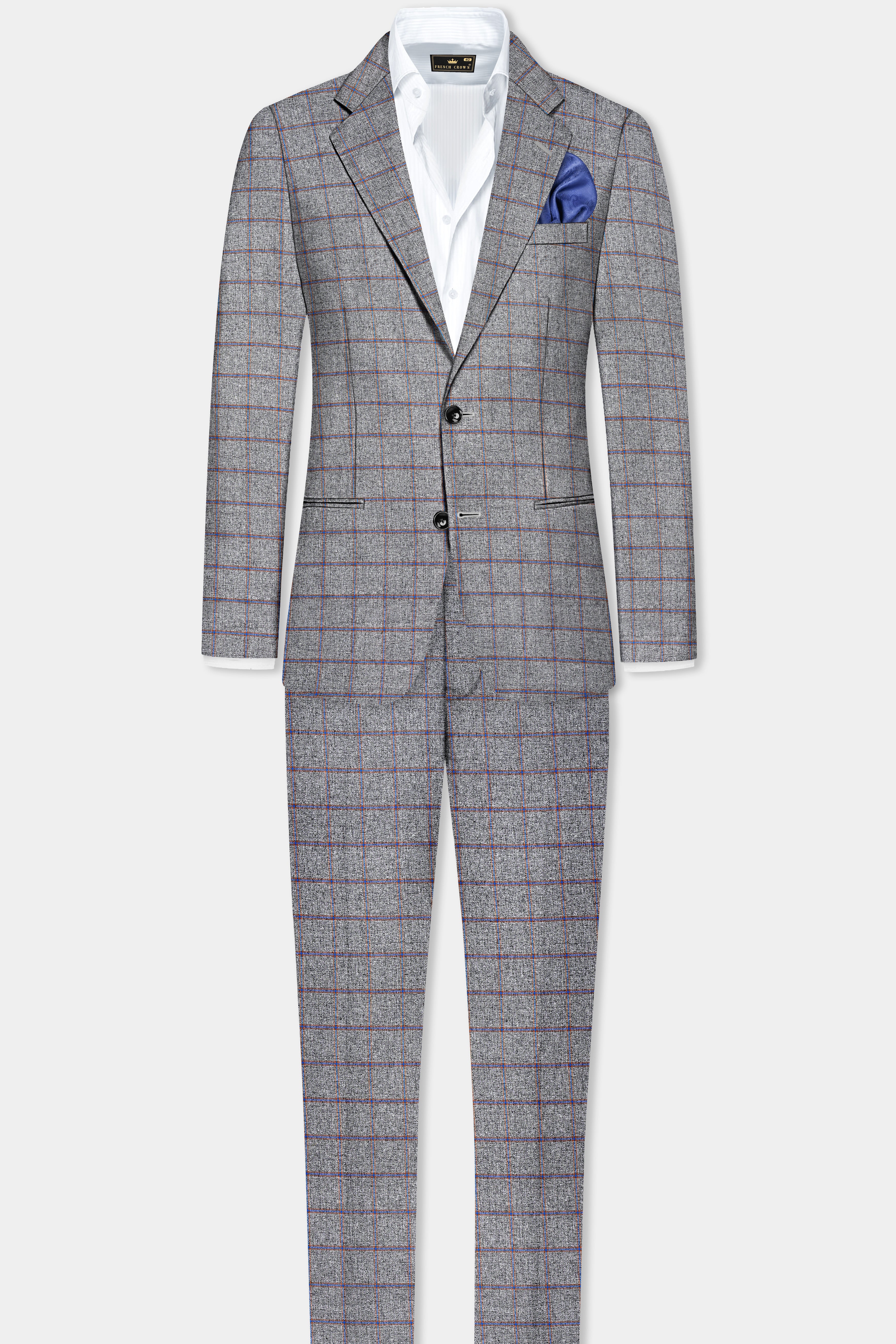 Smokey Gray Windowpane Wool Blend Single Breasted Suit