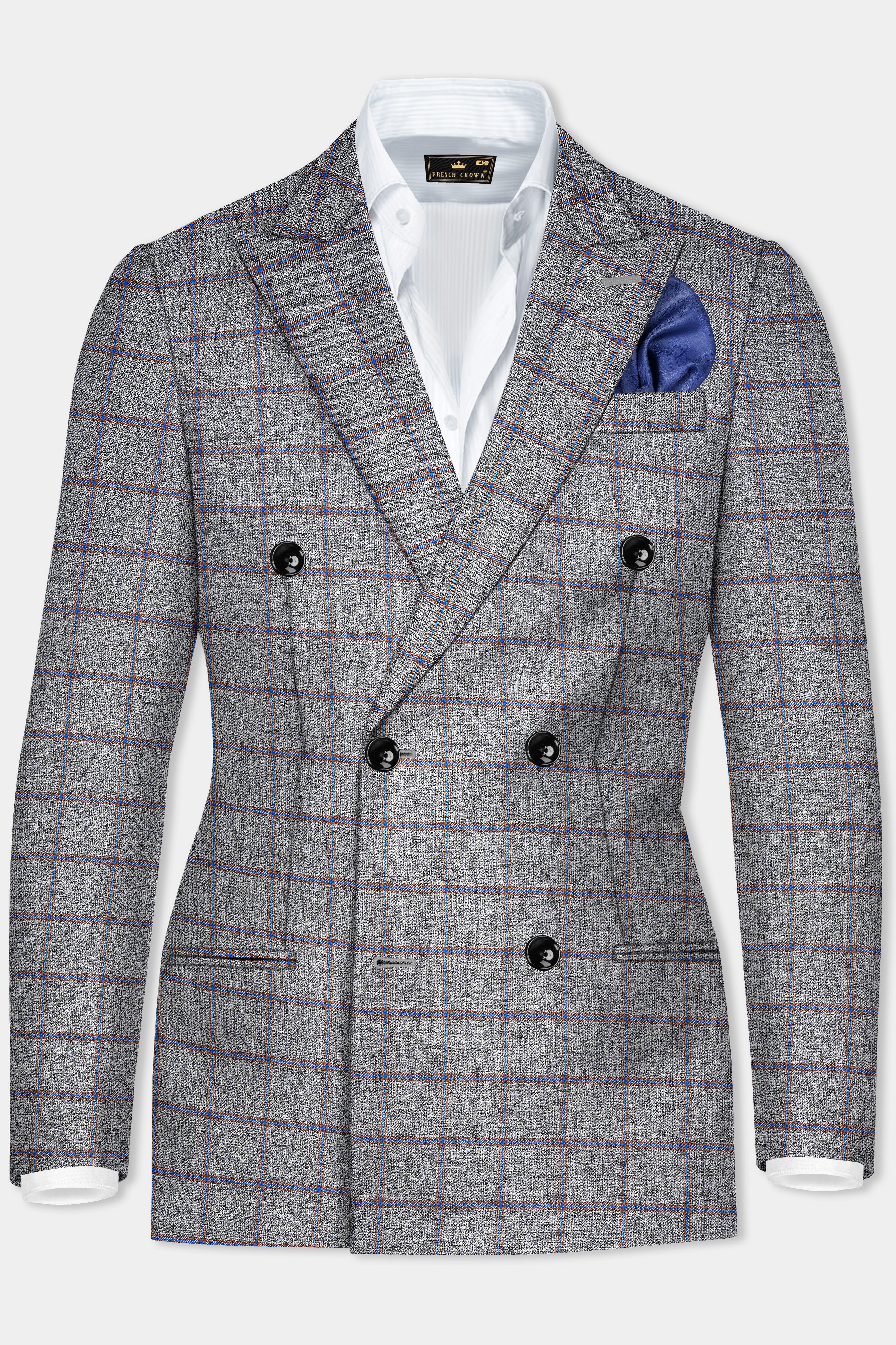 Smokey Gray Windowpane Wool Blend Double Breasted Suit