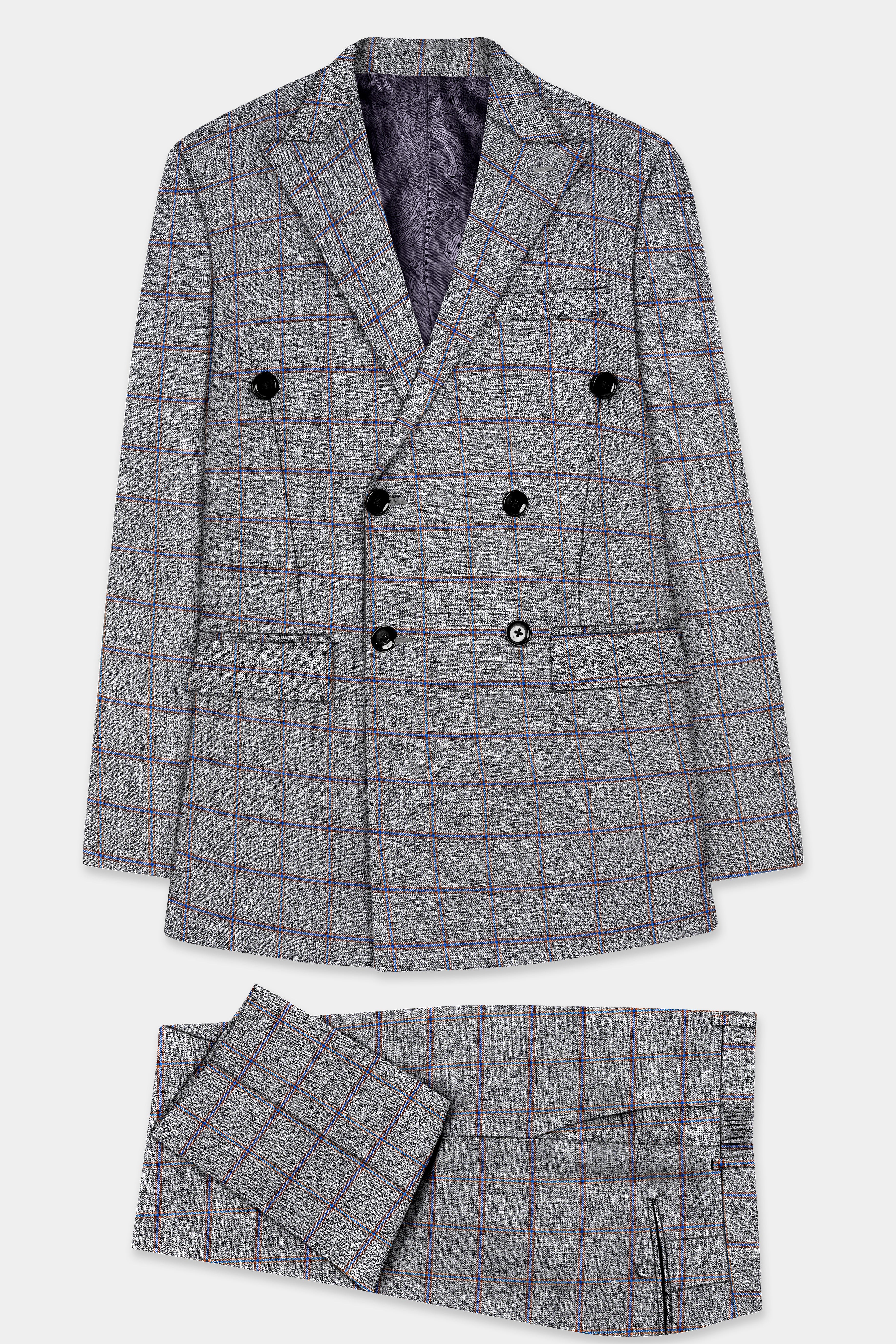 Smokey Gray Windowpane Wool Blend Double Breasted Suit