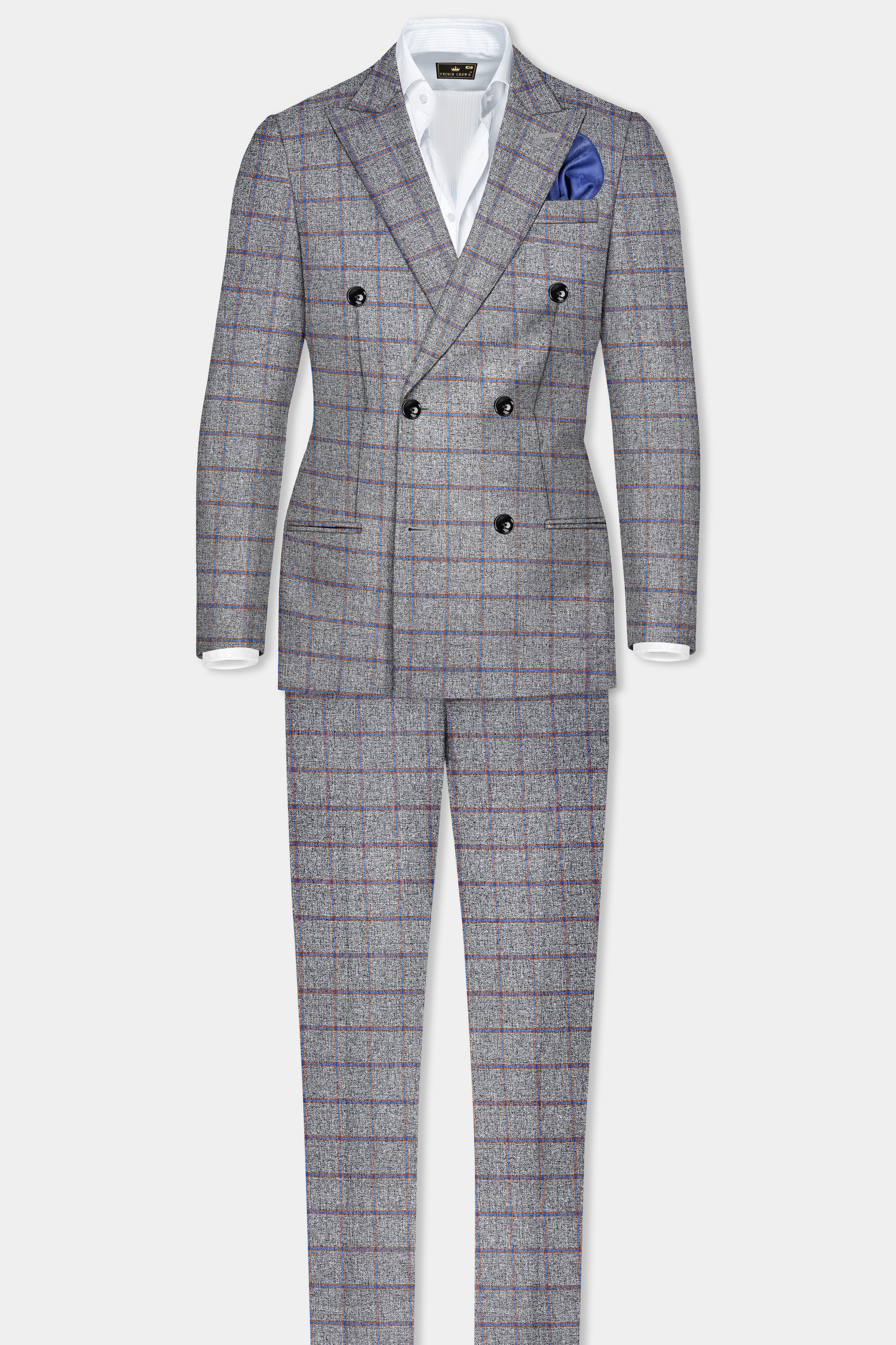 Smokey Gray Windowpane Wool Blend Double Breasted Suit