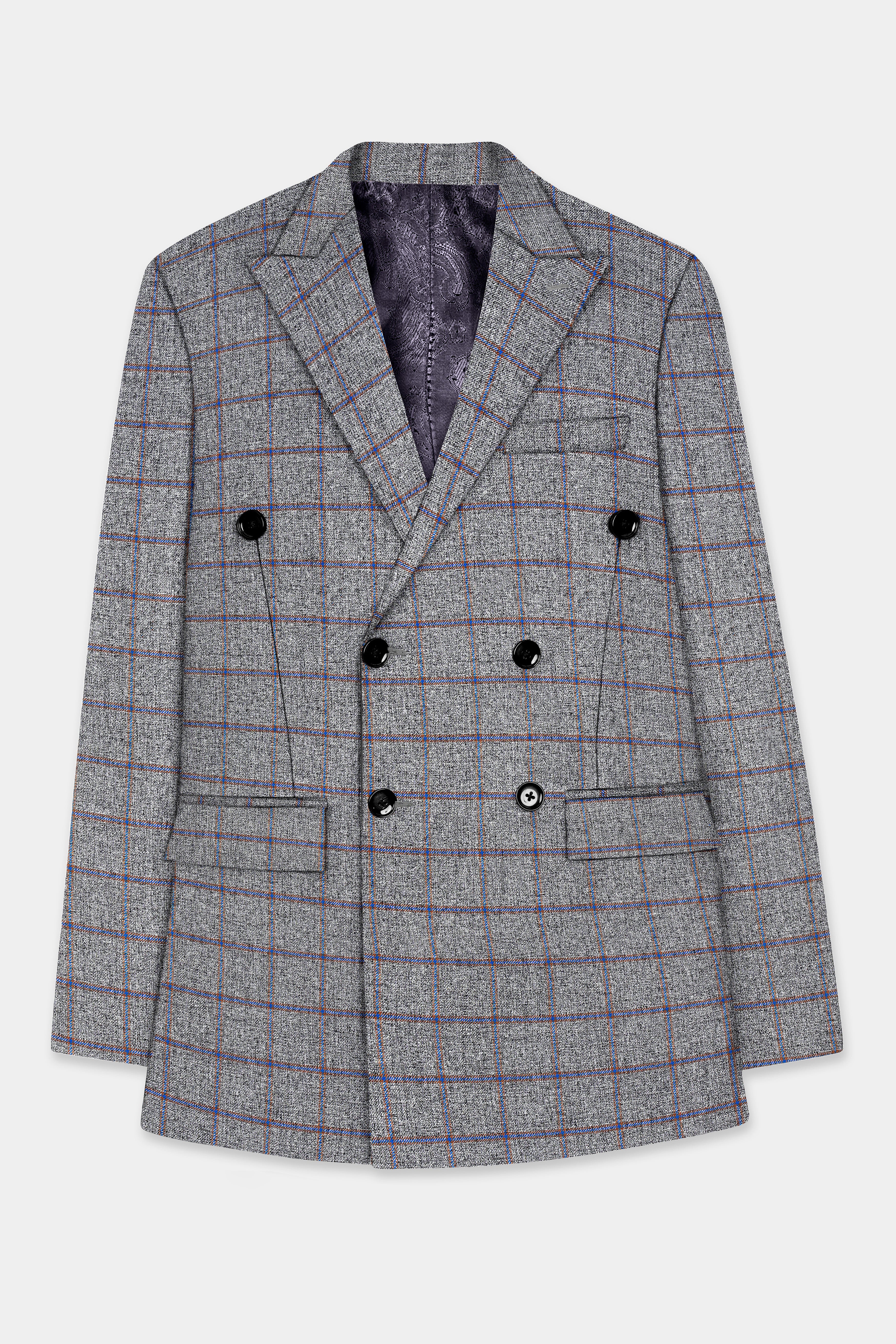 Smokey Gray Windowpane Wool Blend Double Breasted Suit