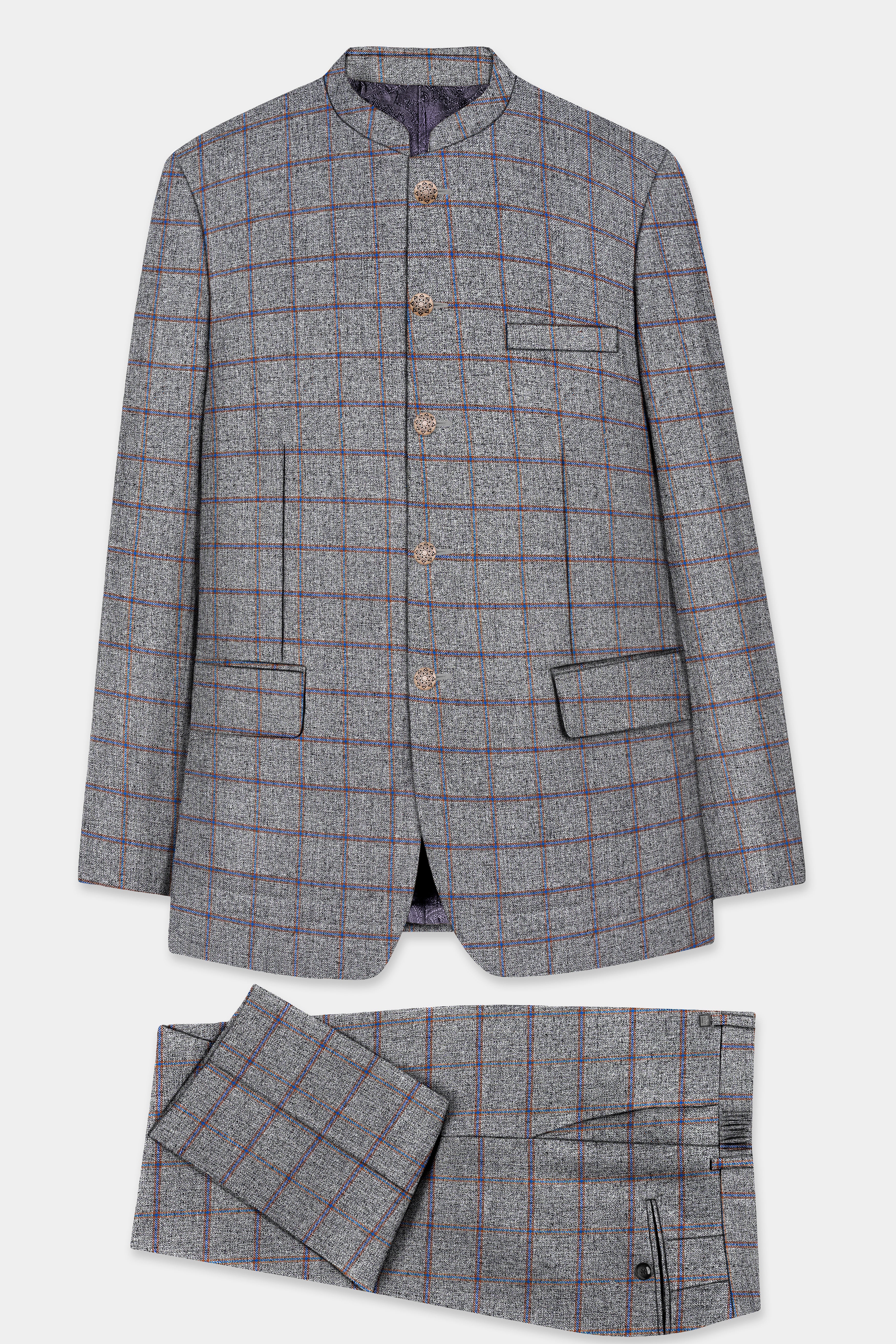 Smokey Gray Windowpane Wool Blend Bandhgala Suit