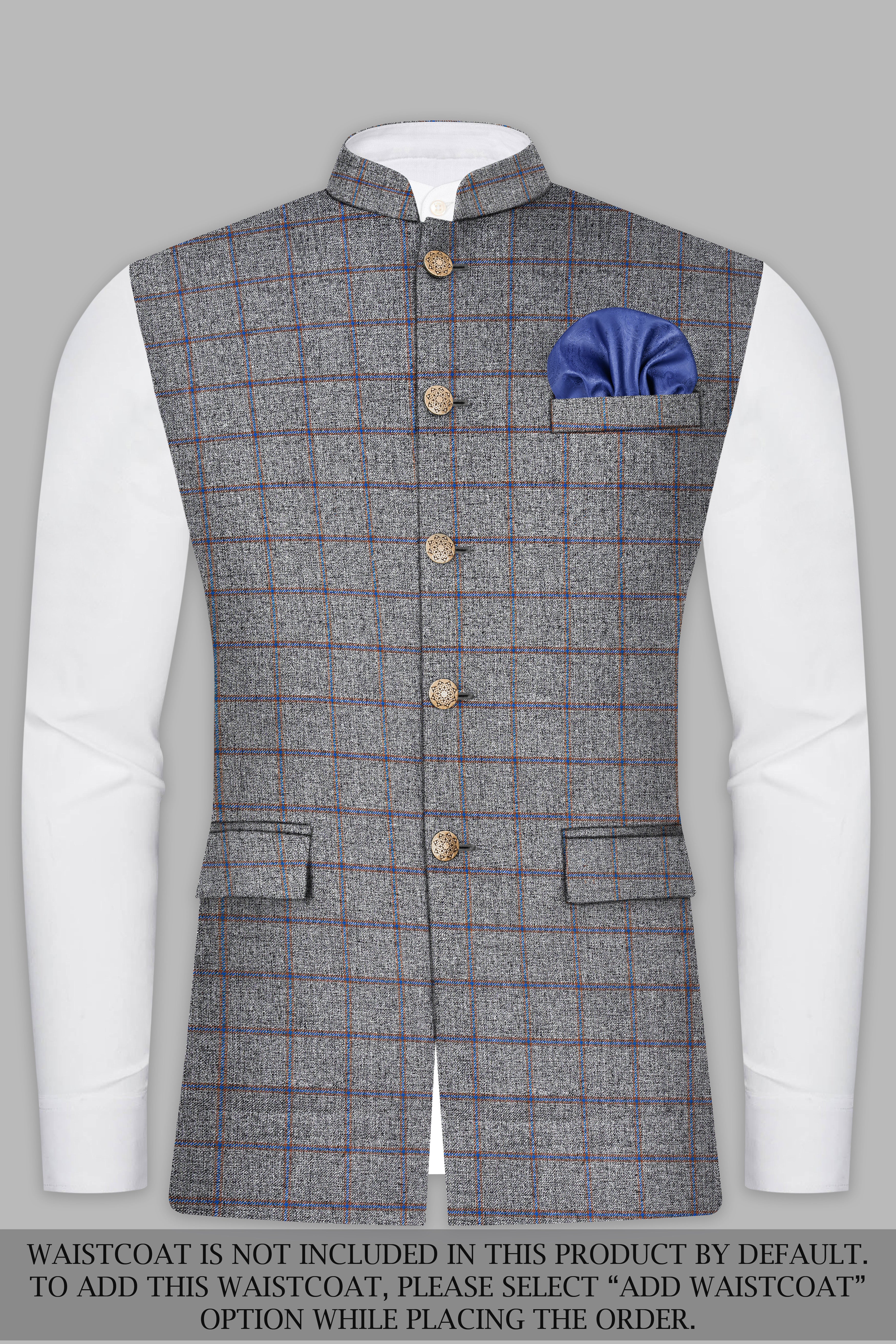 Smokey Gray Windowpane Wool Blend Bandhgala Suit