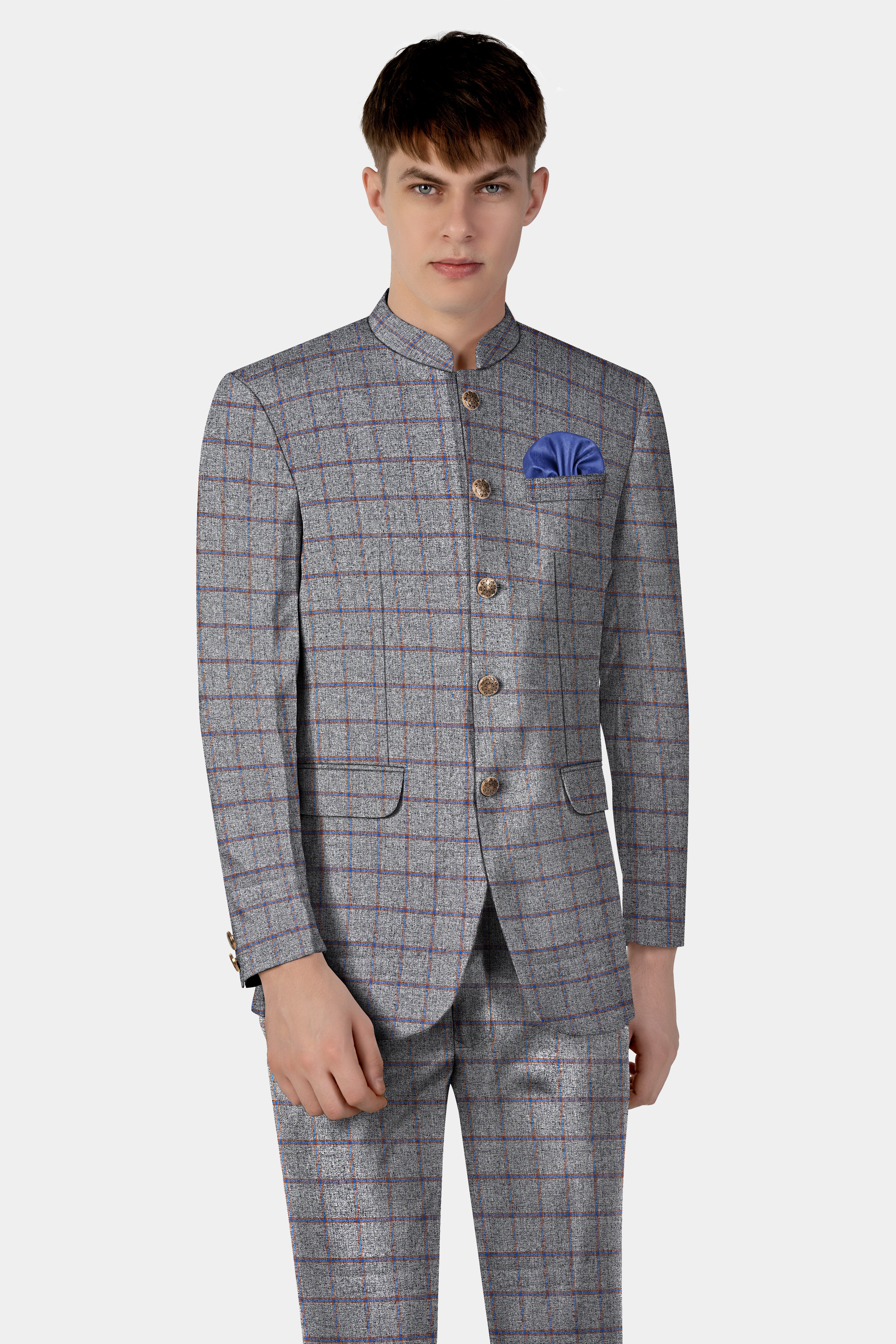 Smokey Gray Windowpane Wool Blend Bandhgala Suit