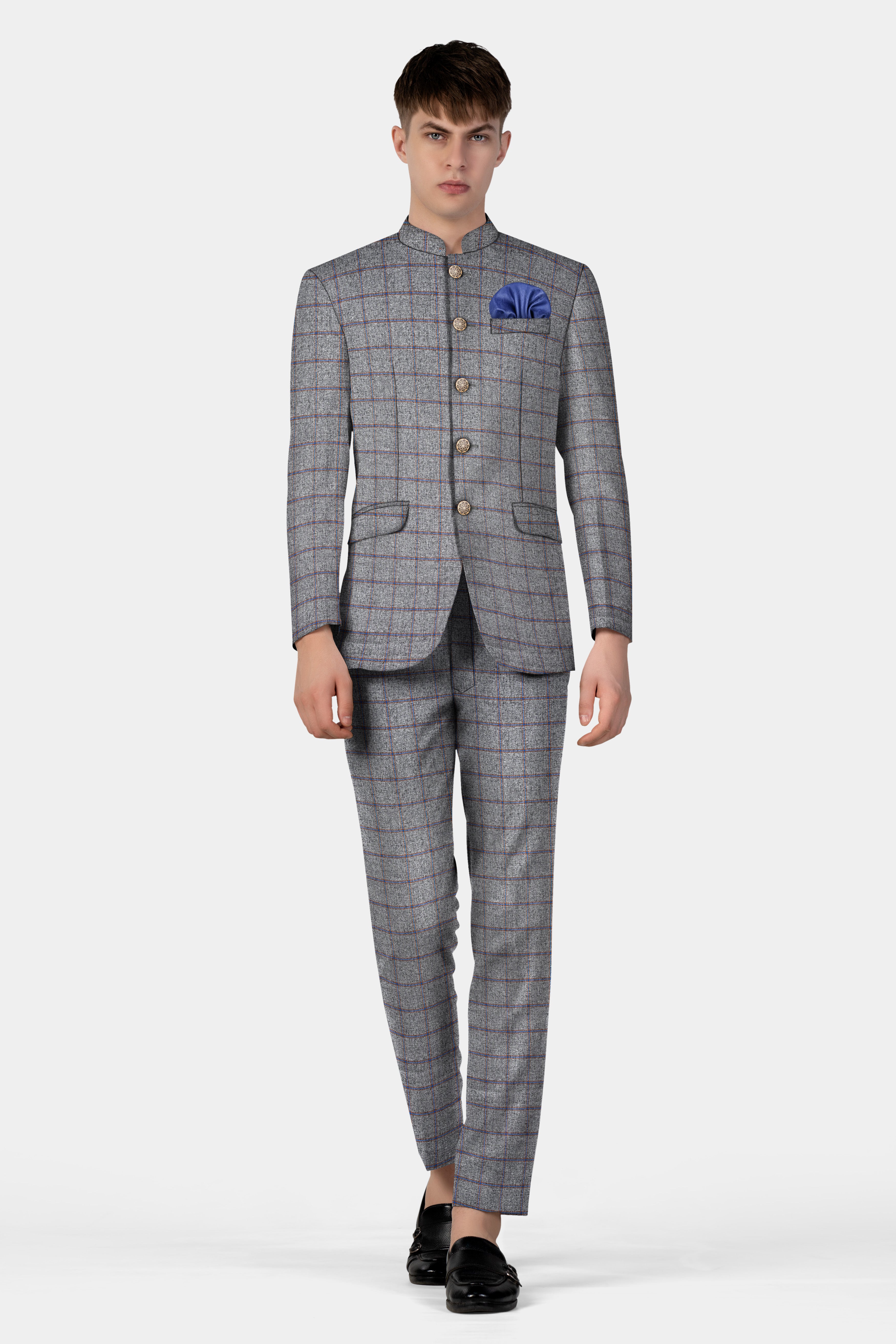 Smokey Gray Windowpane Wool Blend Bandhgala Suit