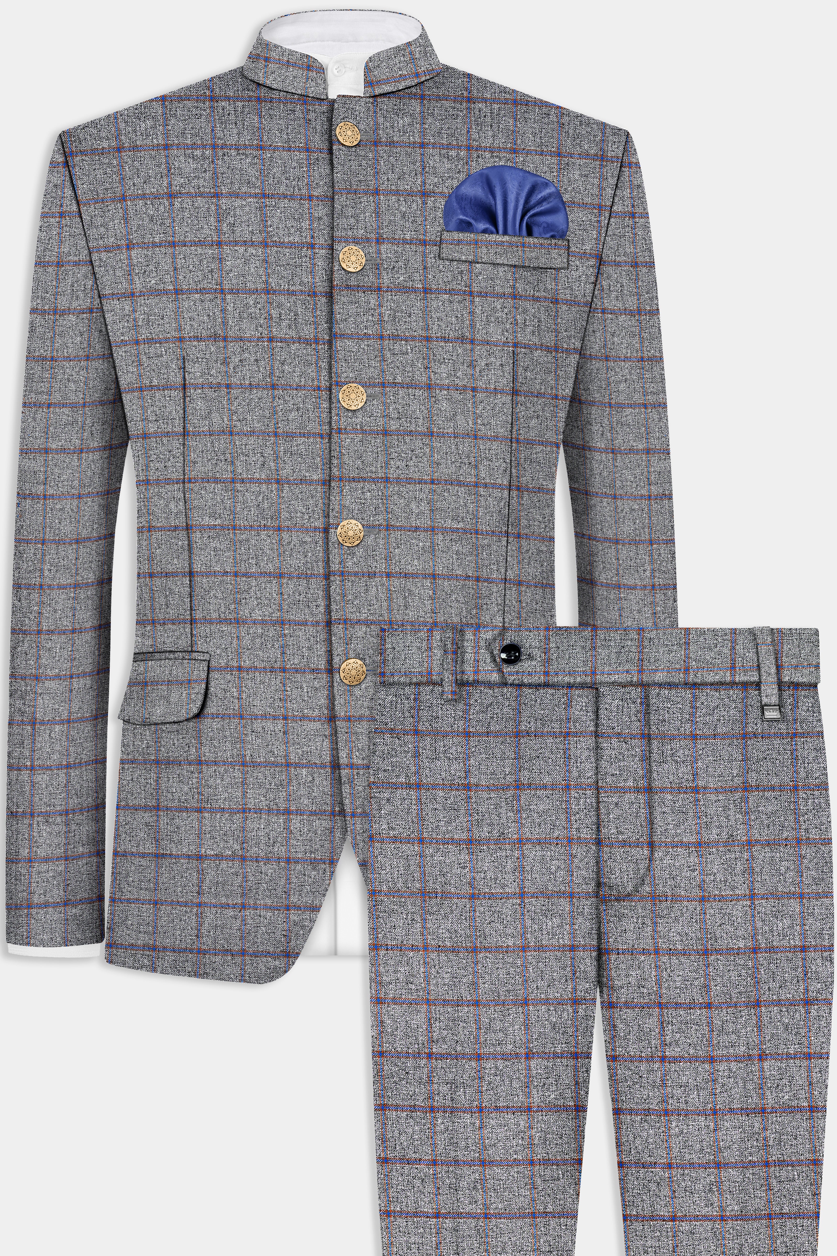 Smokey Gray Windowpane Wool Blend Bandhgala Suit