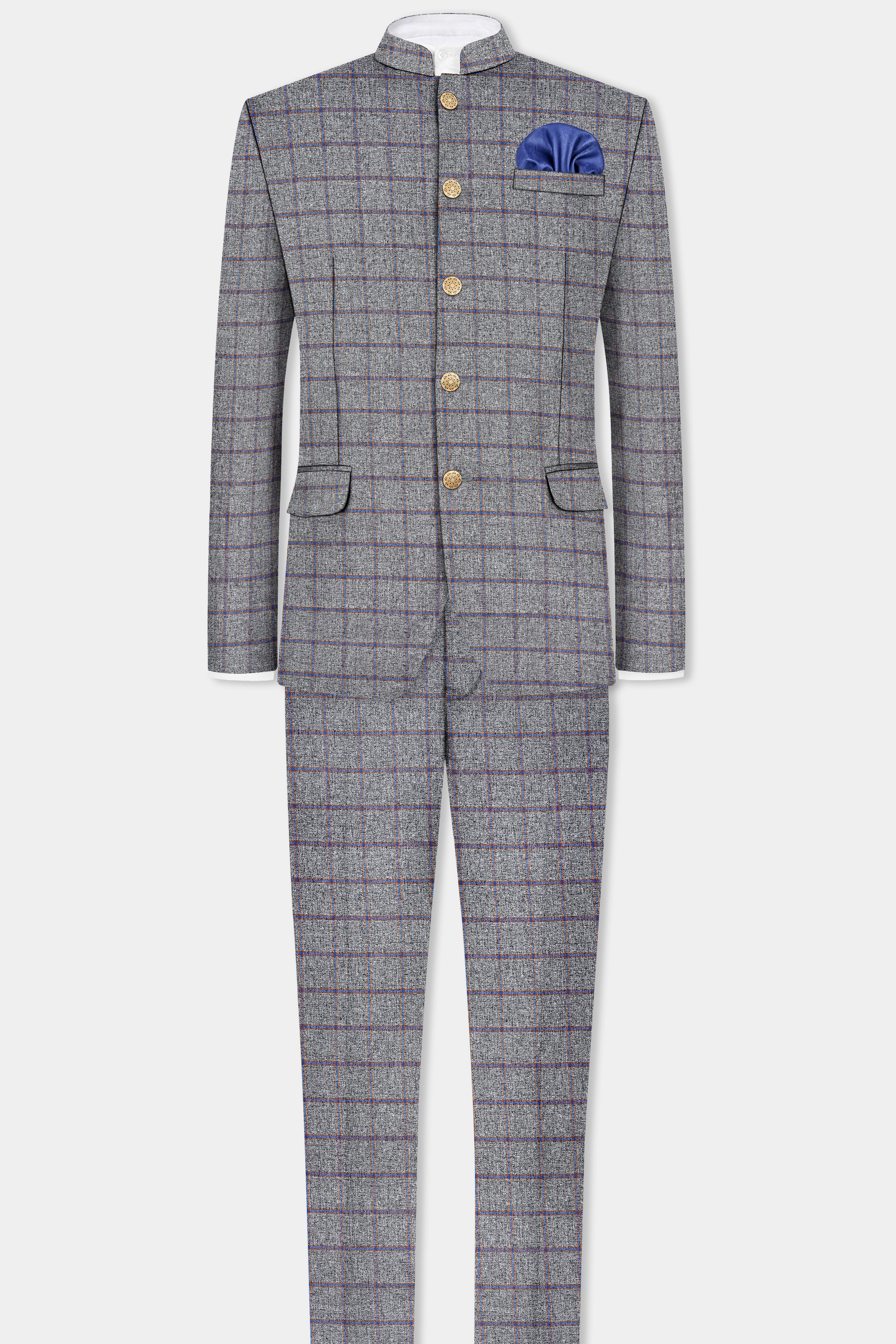 Smokey Gray Windowpane Wool Blend Bandhgala Suit