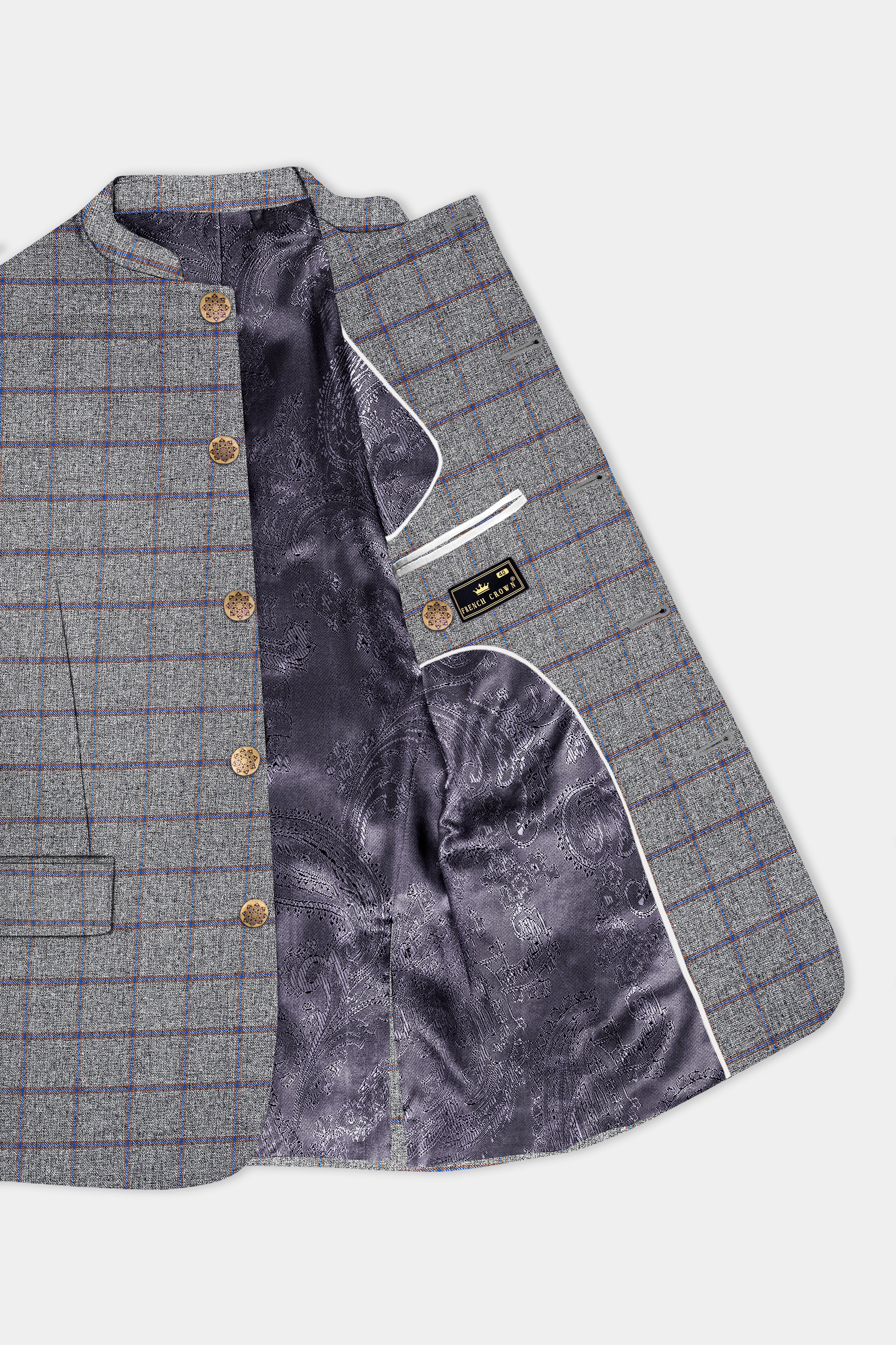 Smokey Gray Windowpane Wool Blend Bandhgala Suit