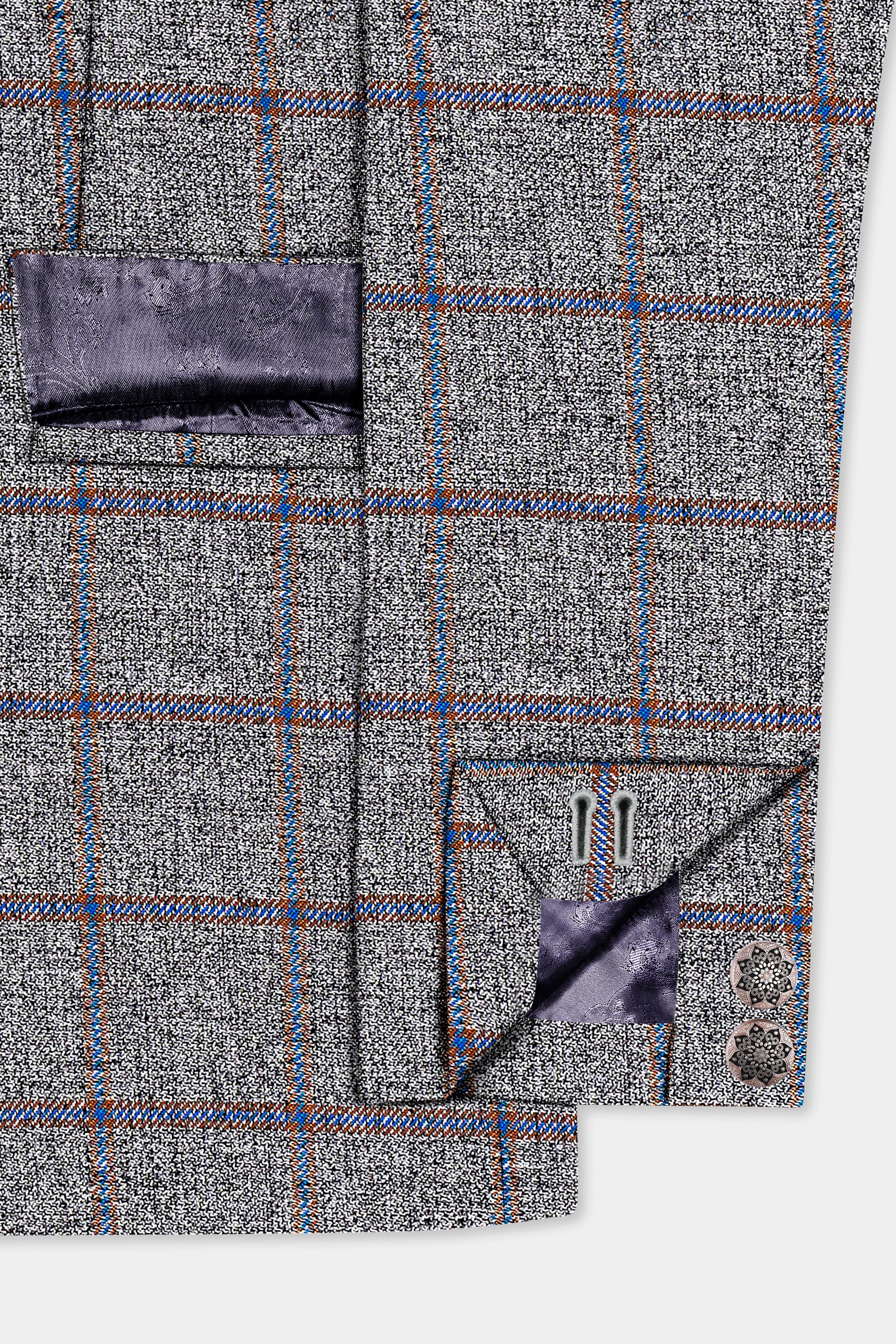 Smokey Gray Windowpane Wool Blend Bandhgala Suit