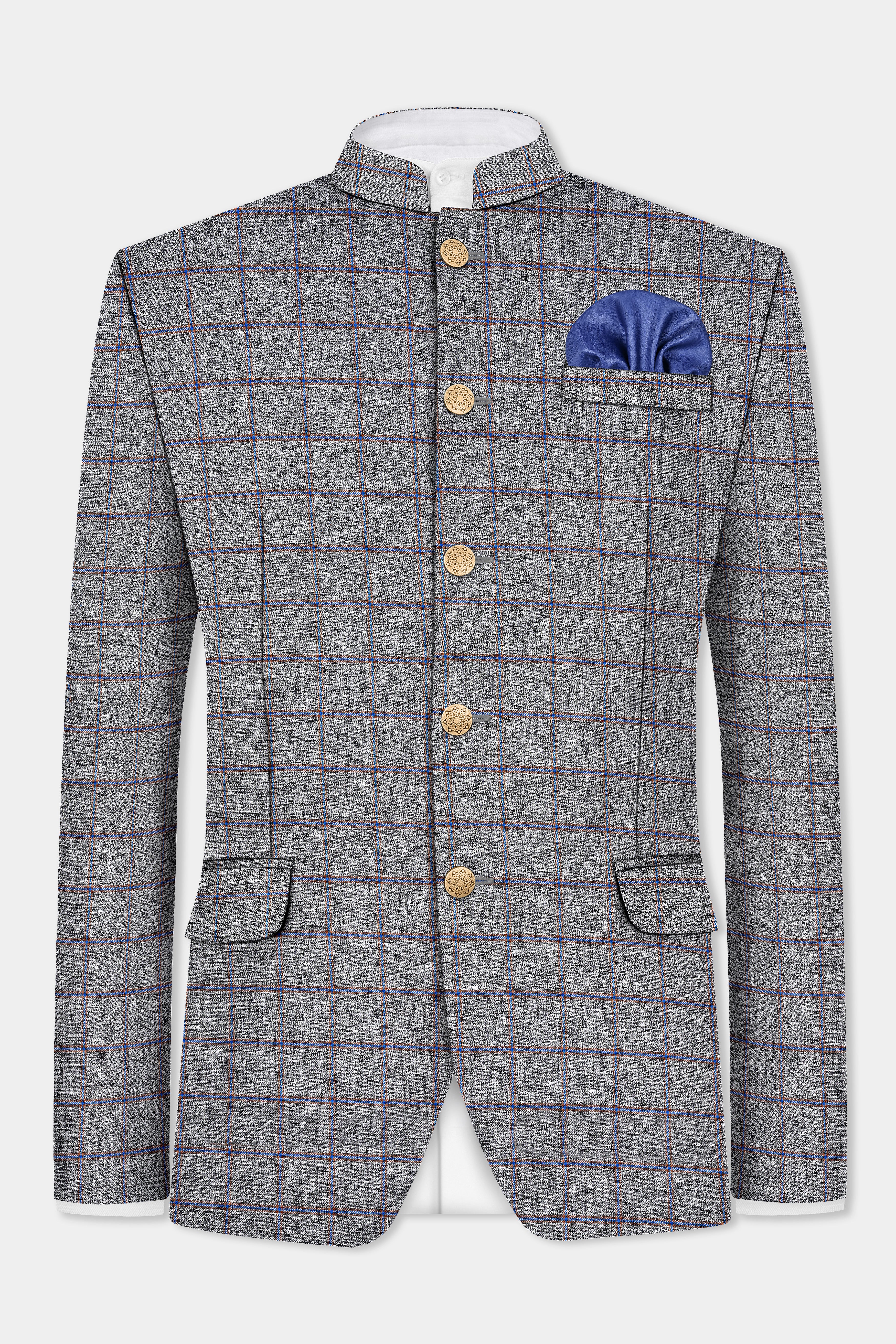 Smokey Gray Windowpane Wool Blend Bandhgala Suit