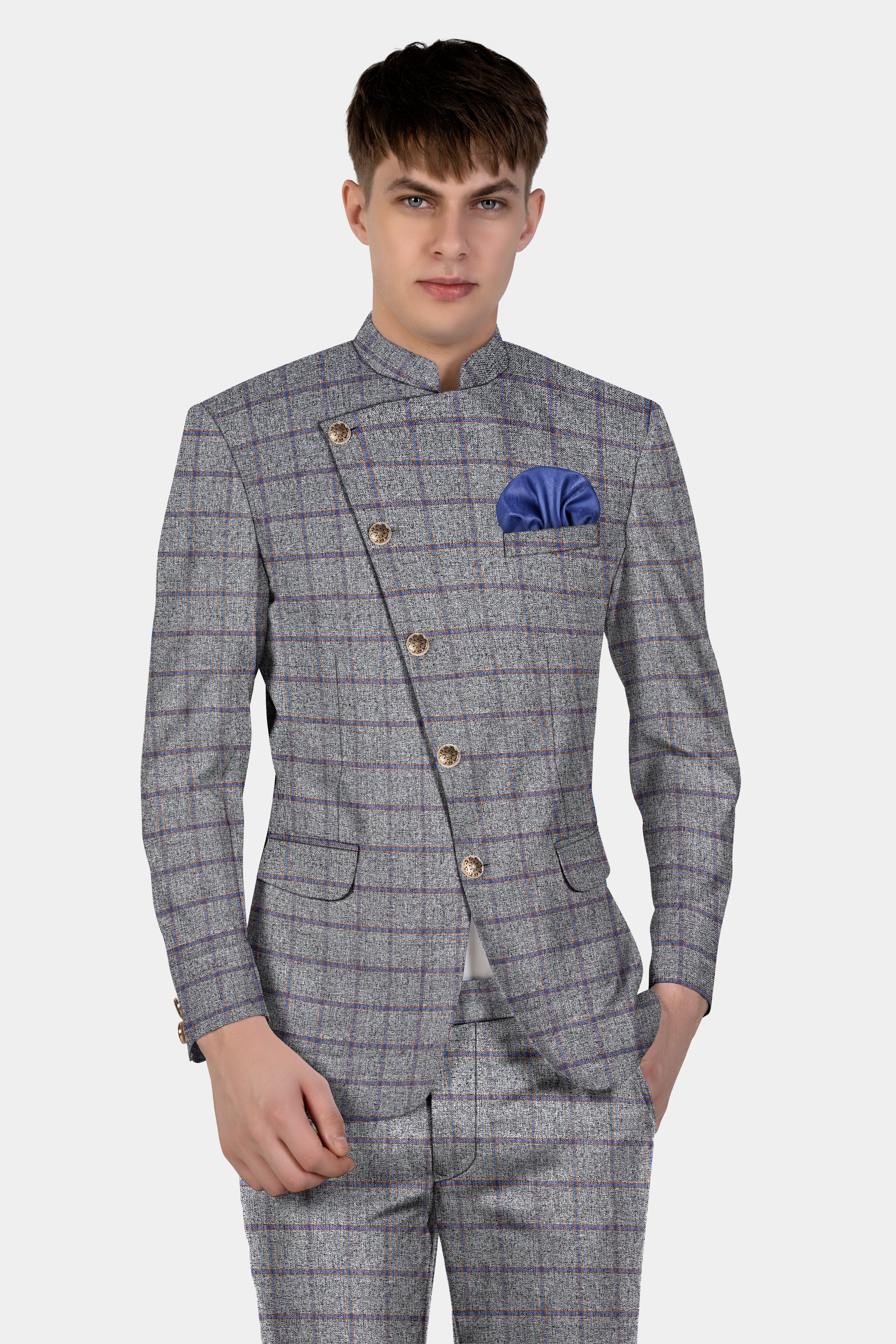 Smokey Gray Windowpane Wool Blend Cross Placket Bandhgala Suit