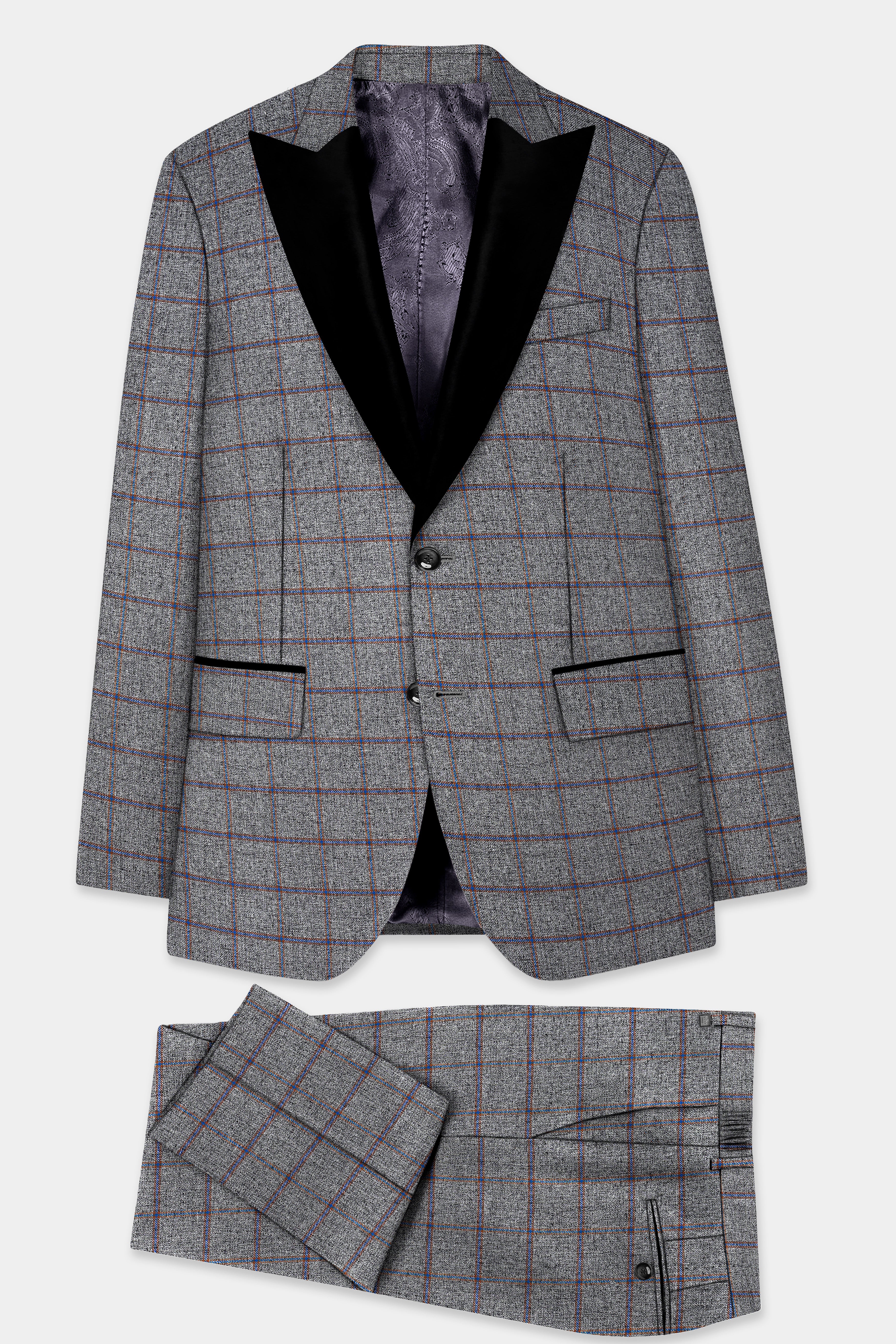 Smokey Gray Windowpane Wool Blend Peak Collar Tuxedo Suit